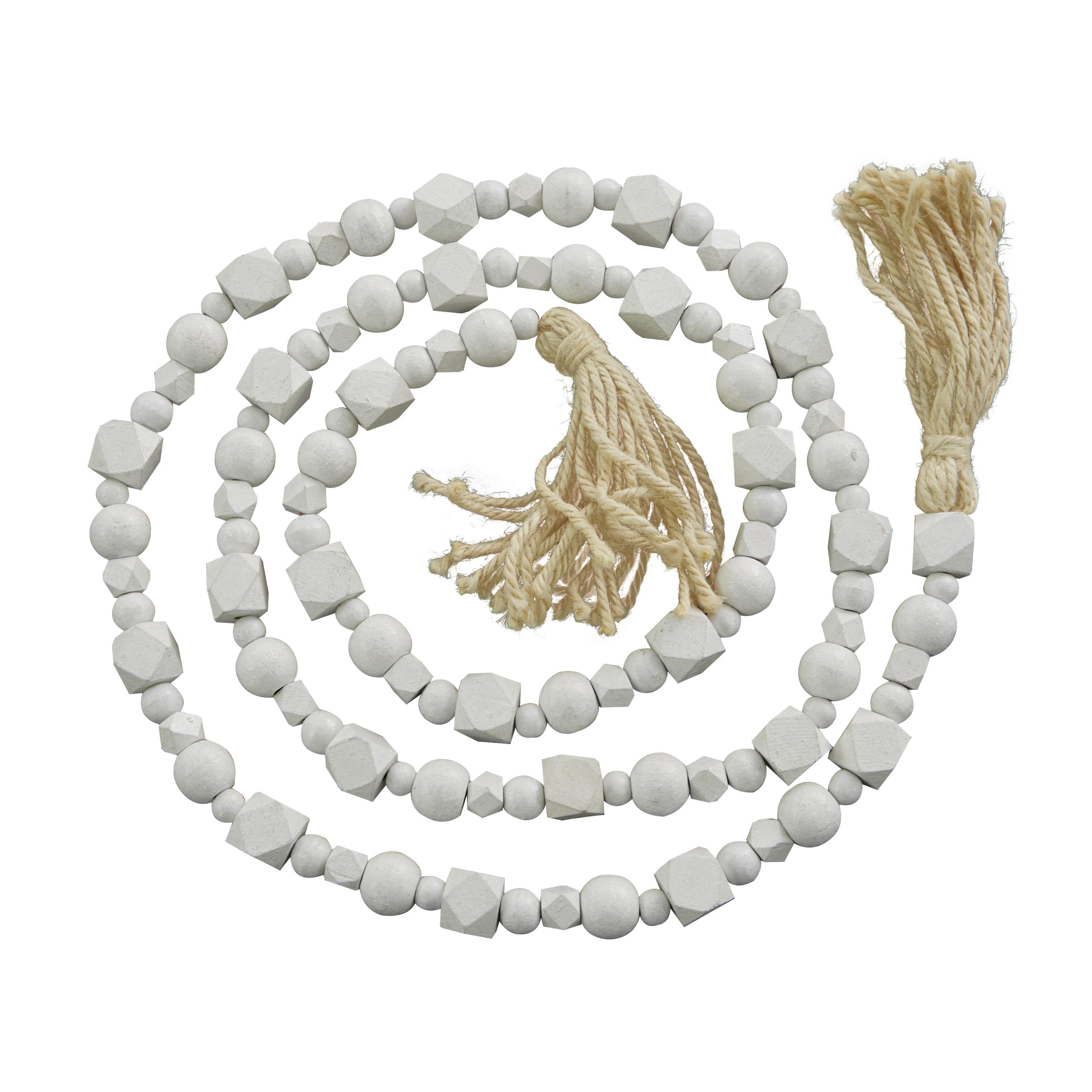 ( pack 2) White Mango Wood  Handmade Hexagon Carved Geometric Long Beaded Garland with Tassel, 80\" x 1\" x 1\"