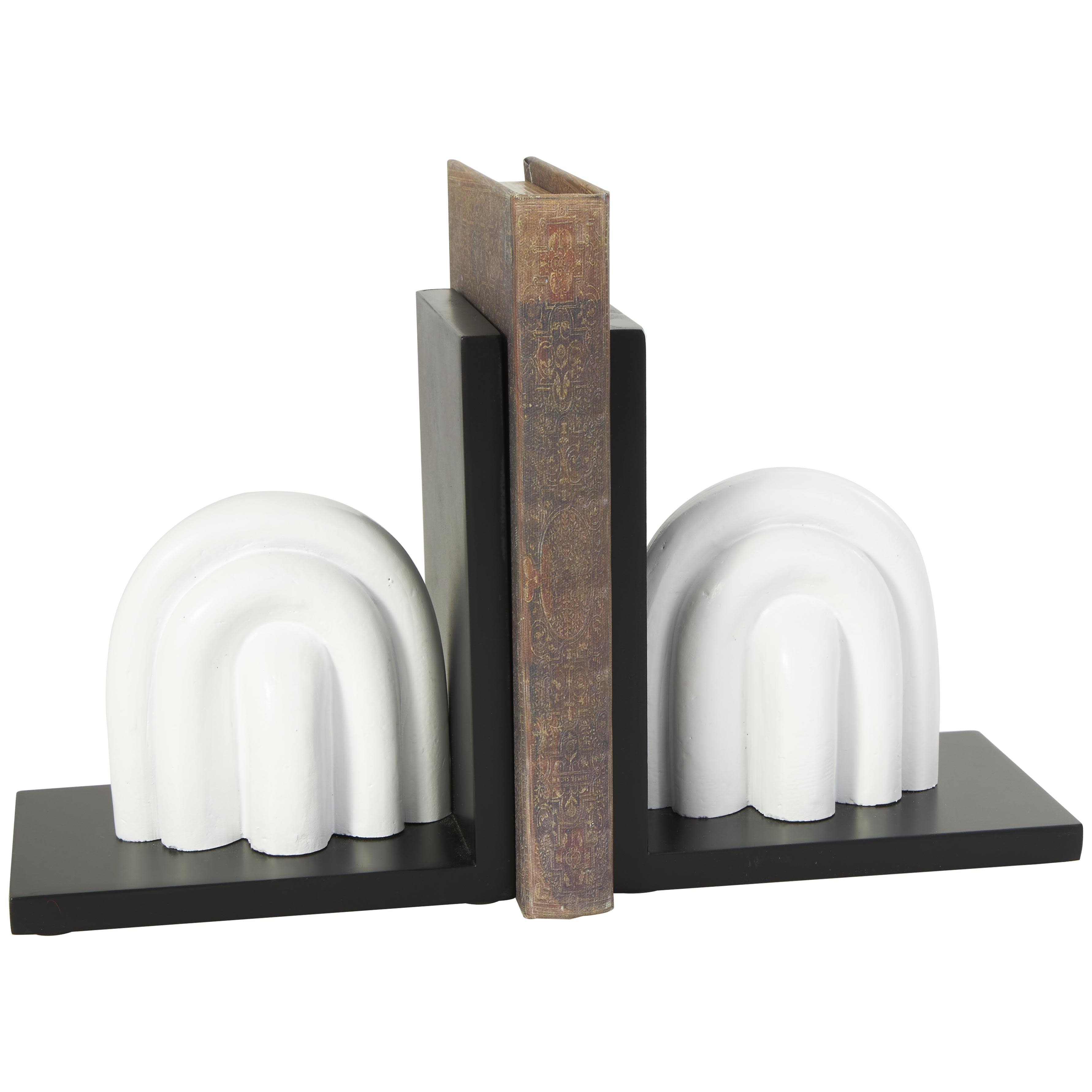 CosmoLiving by Cosmopolitan White Wooden Abstract Layered Arched Decorative Bookends with Black Stands, Set of 2 6"W, 7"H