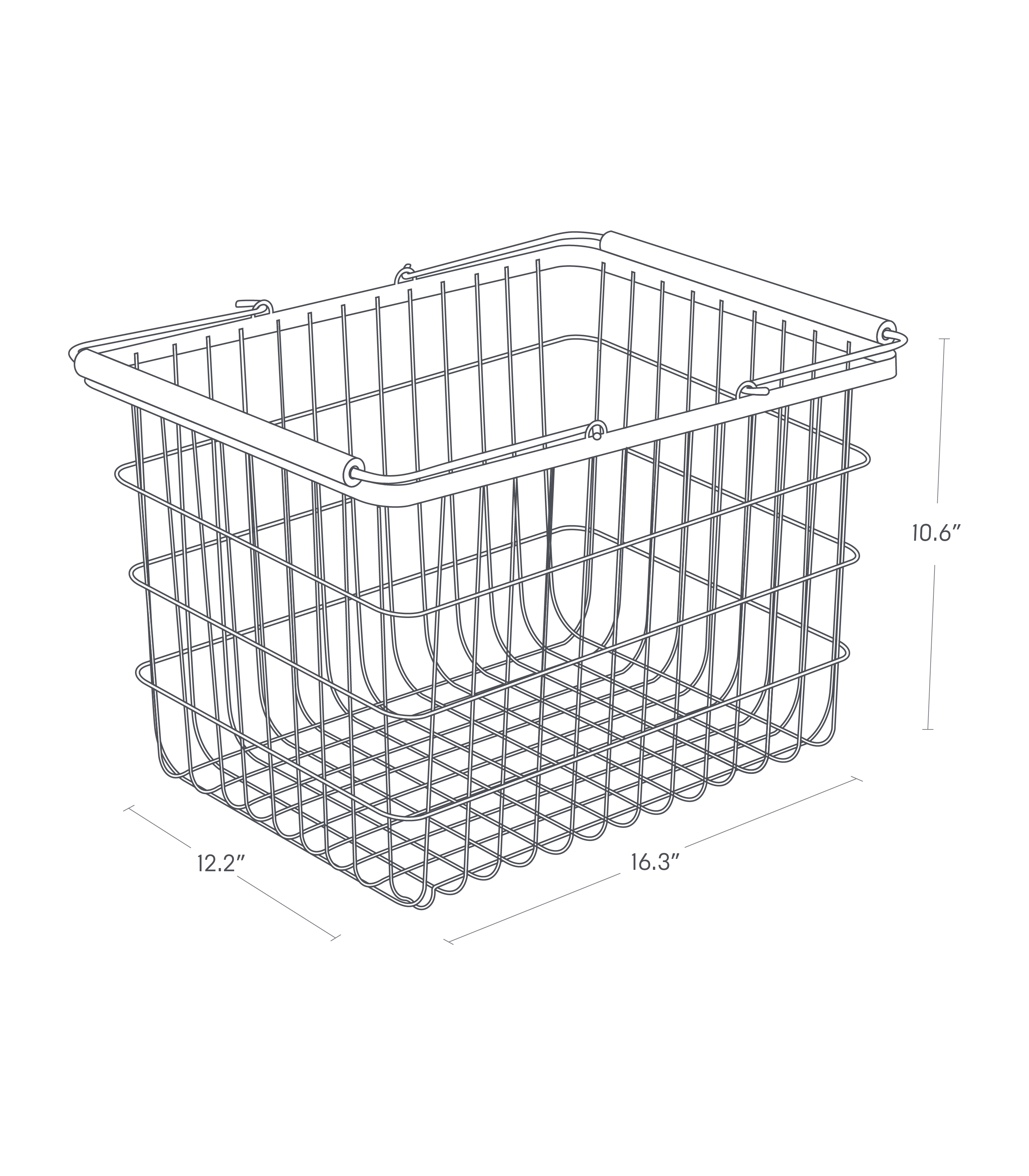 Dimension image for Wire Basket - Two Sizes on a white background including dimensions  L 12.2 x W 16.34 x H 10.63 inches