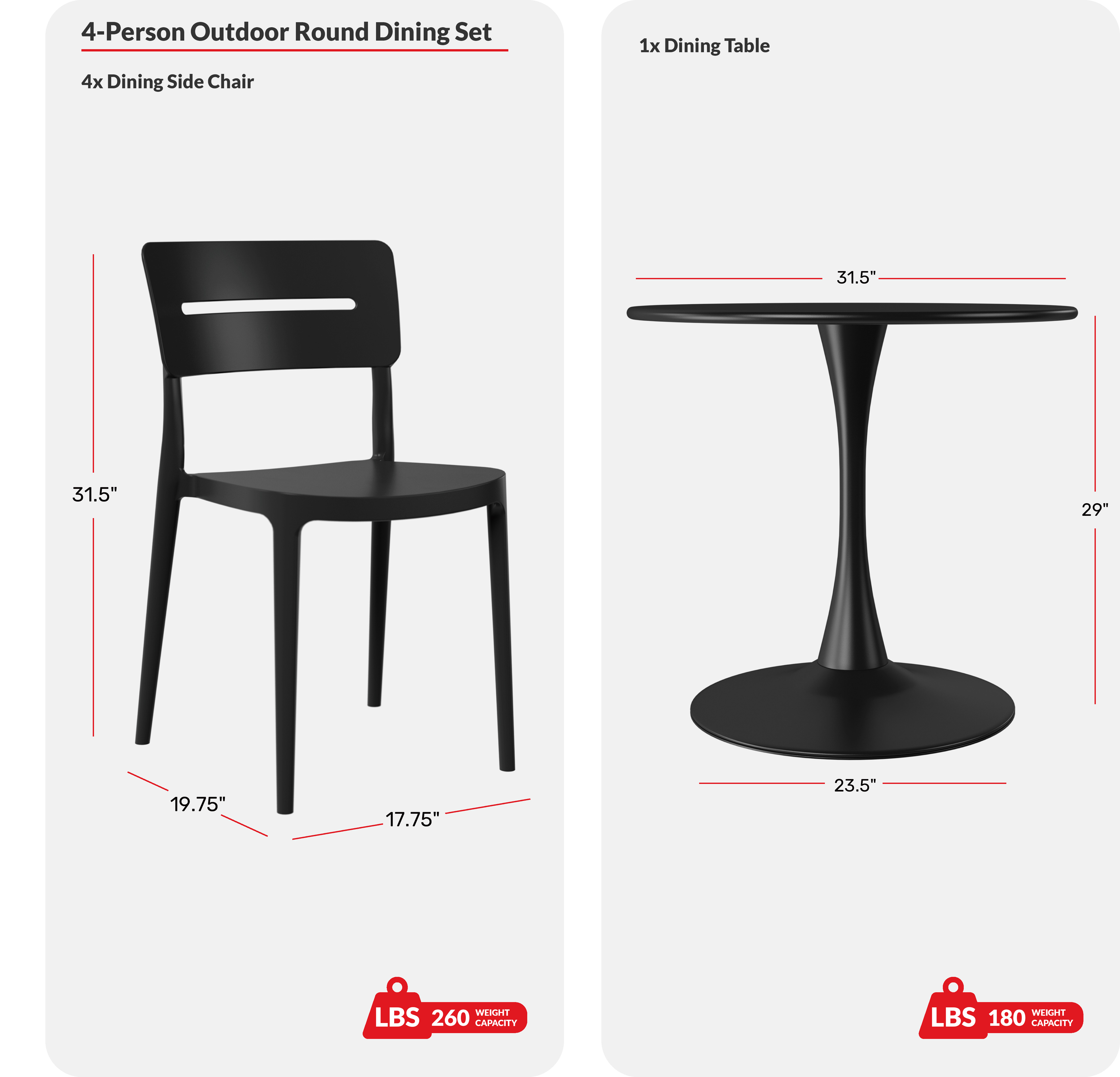 5-Piece Outdoor Indoor Round Metal Patio Dining Table Set With Stackable Patio Chairs COS Spec Image