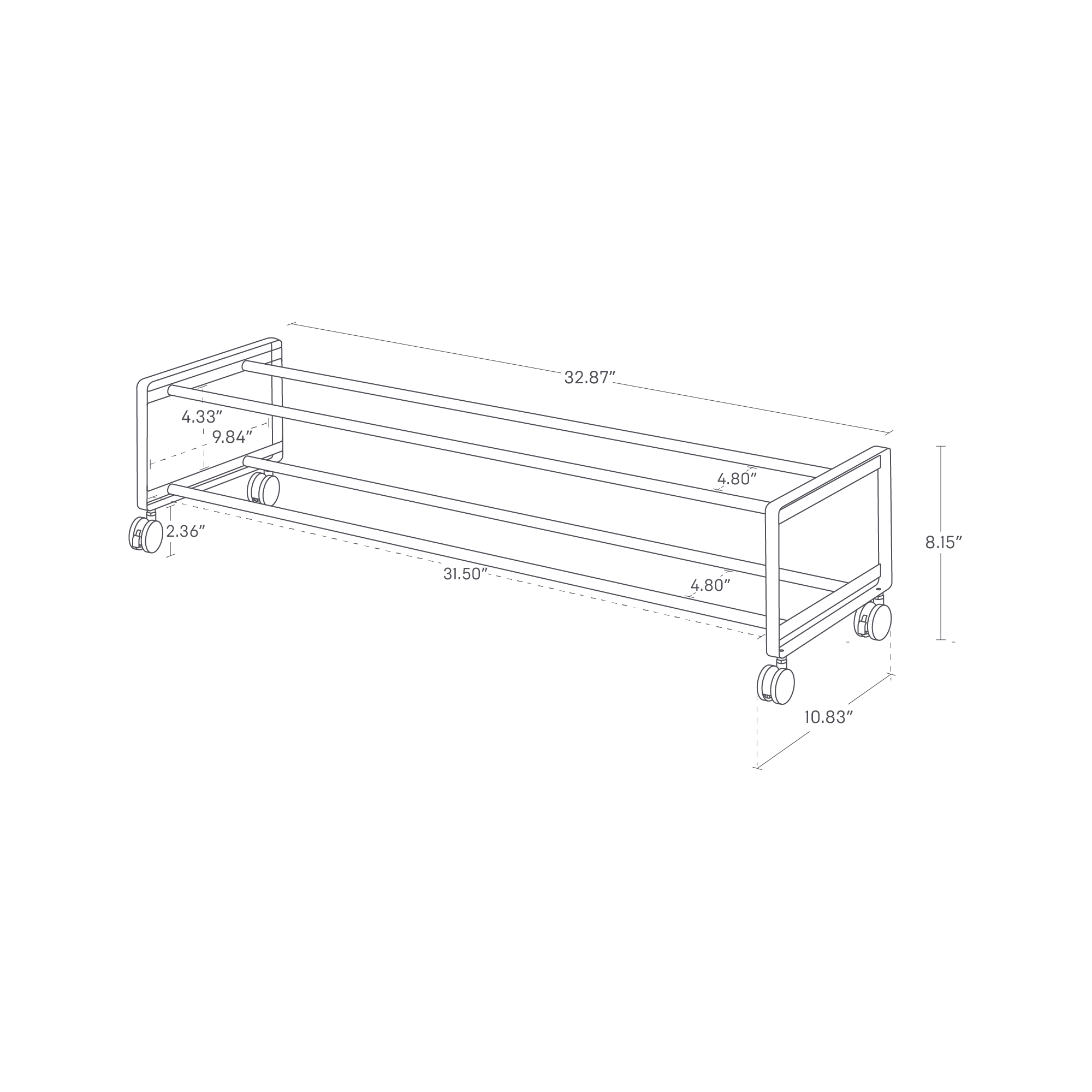 Dimensions image of the two-tier rolling shoe rack featuring the dimensions L 10.83 x W 32.87 x H 8.15 inches.