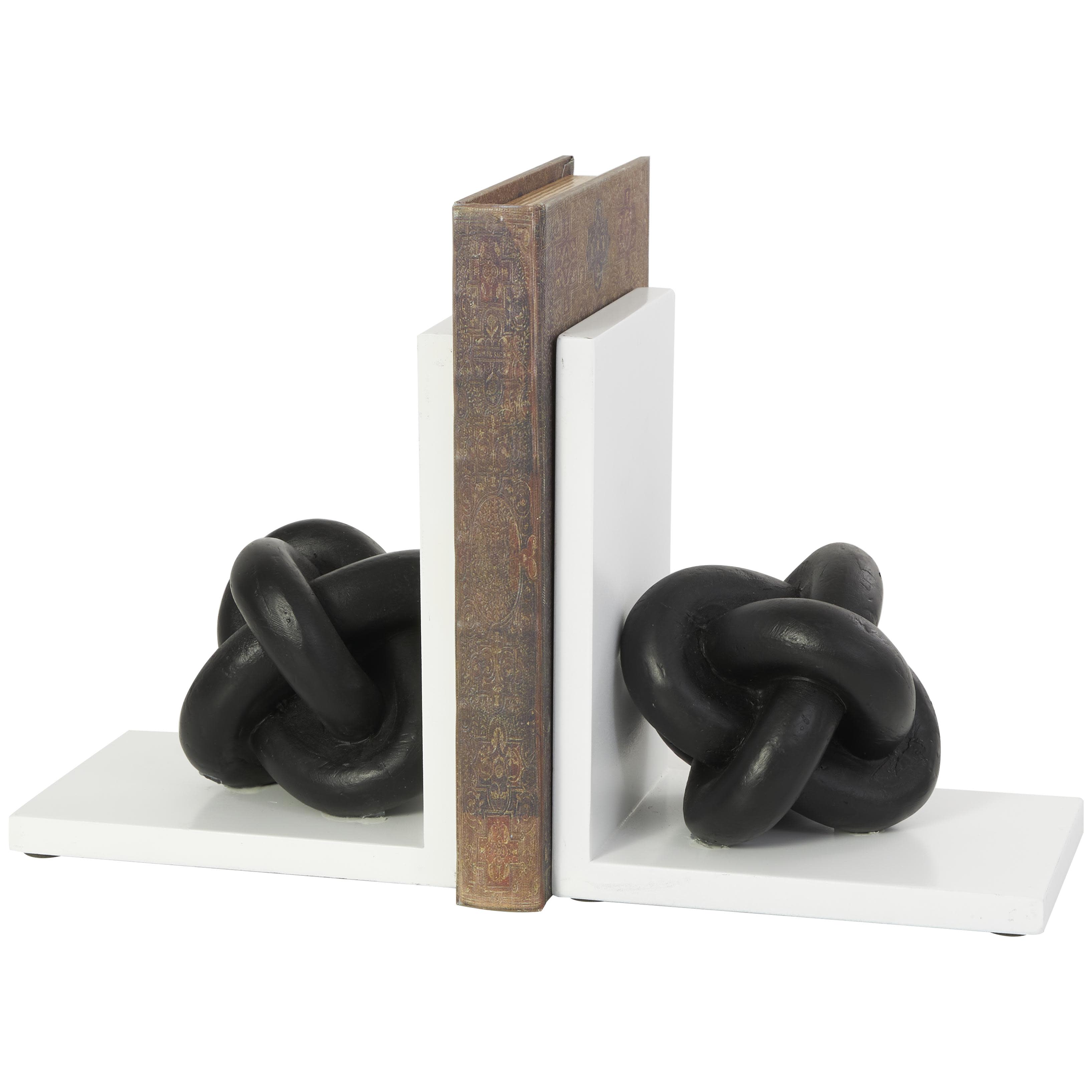 CosmoLiving by Cosmopolitan Black Wooden Knot Decorative Bookends with White Stands, Set of 2 6"W, 7"H