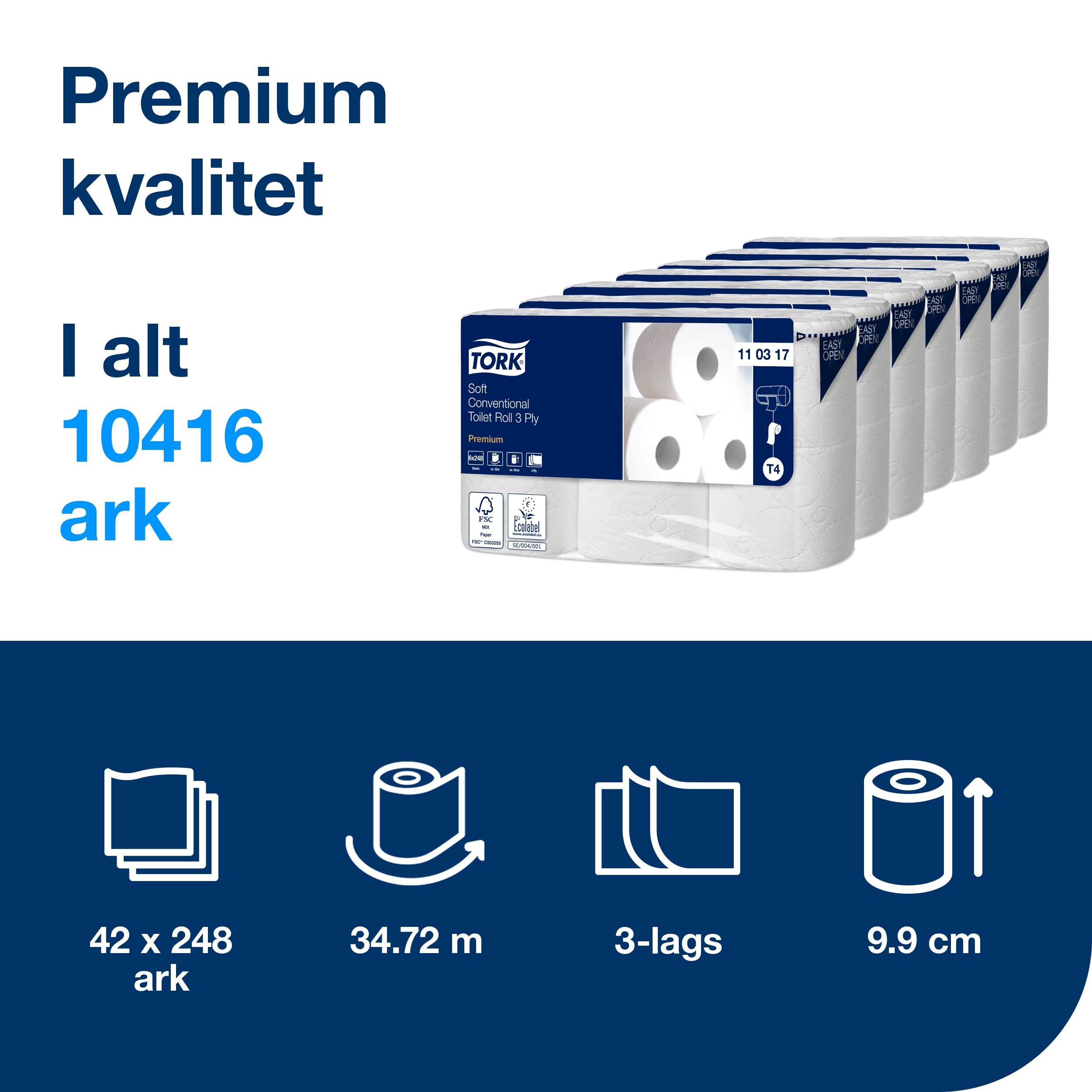 Toiletpapir, Udvendig oprulning, 3 lag, 42 ruller, Tork Premium Soft T4