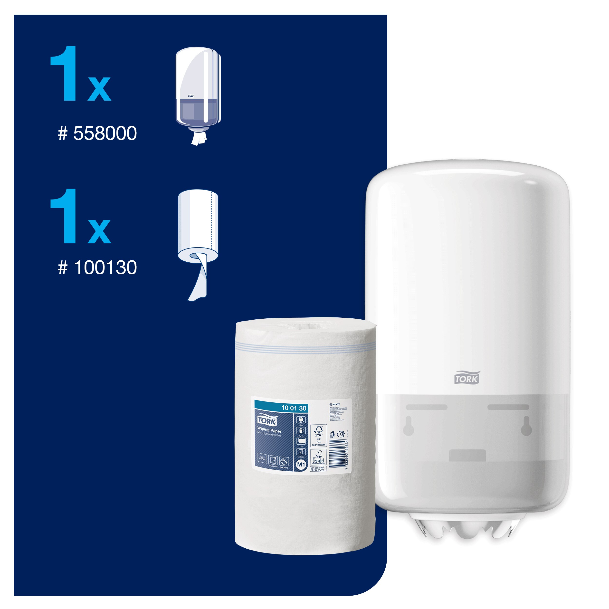 Aftørringsdispenser, Til aftørringsruller, Startpakke, Centerfeed, Tork Mini M1