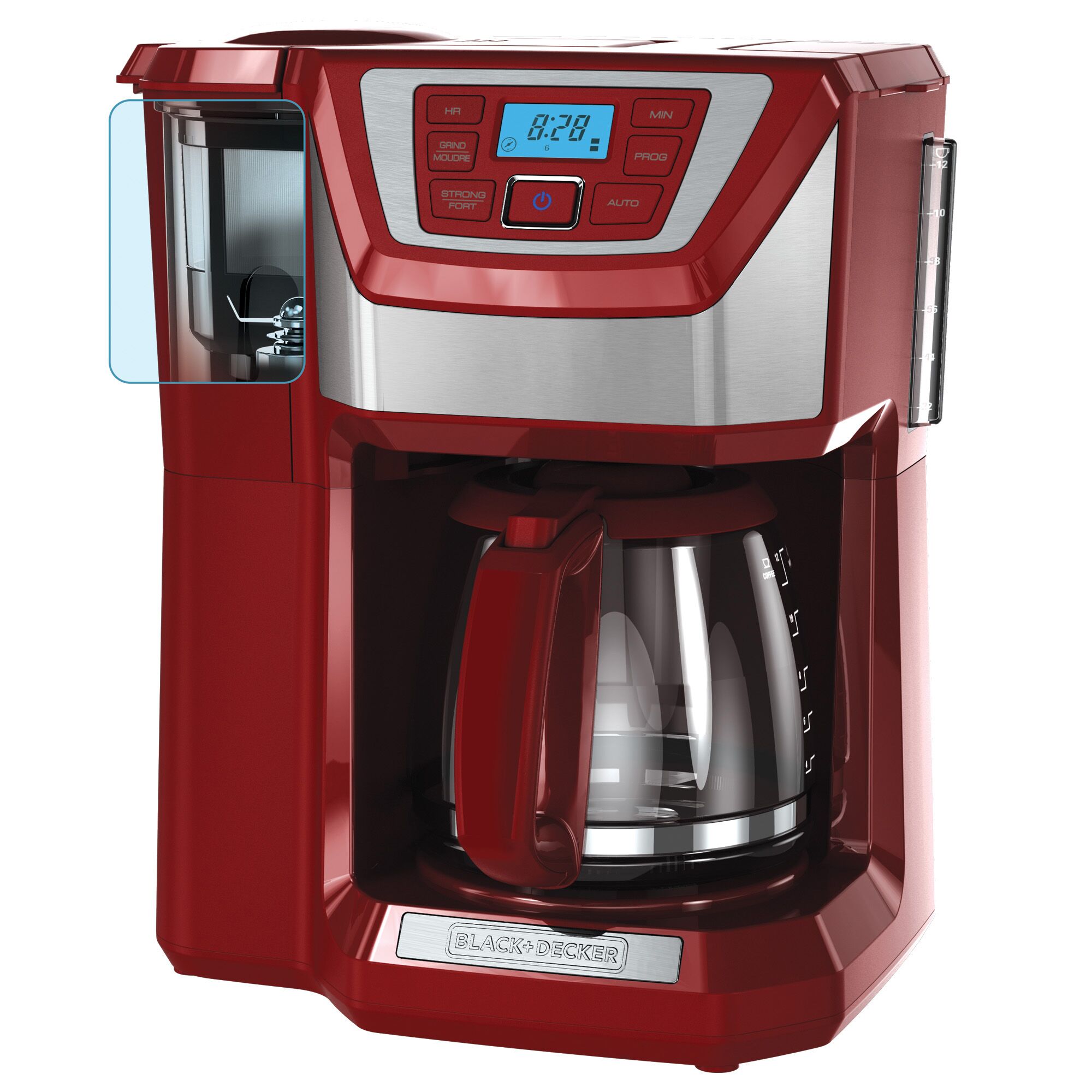 Front view of the BLACK+DECKER coffee maker showing the digital display