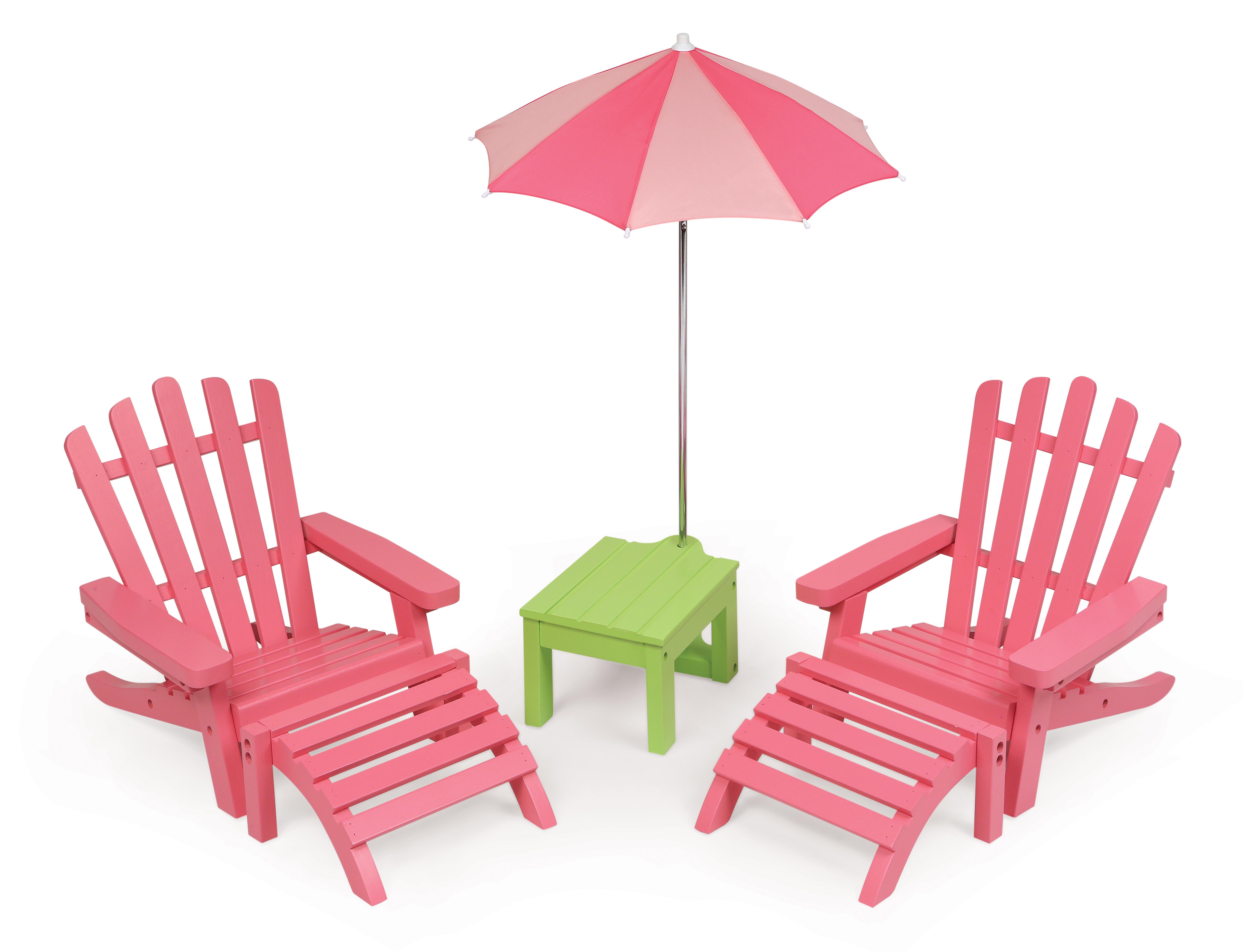 Two Adirondack Doll Chairs with Table and Umbrella - Pink/Green