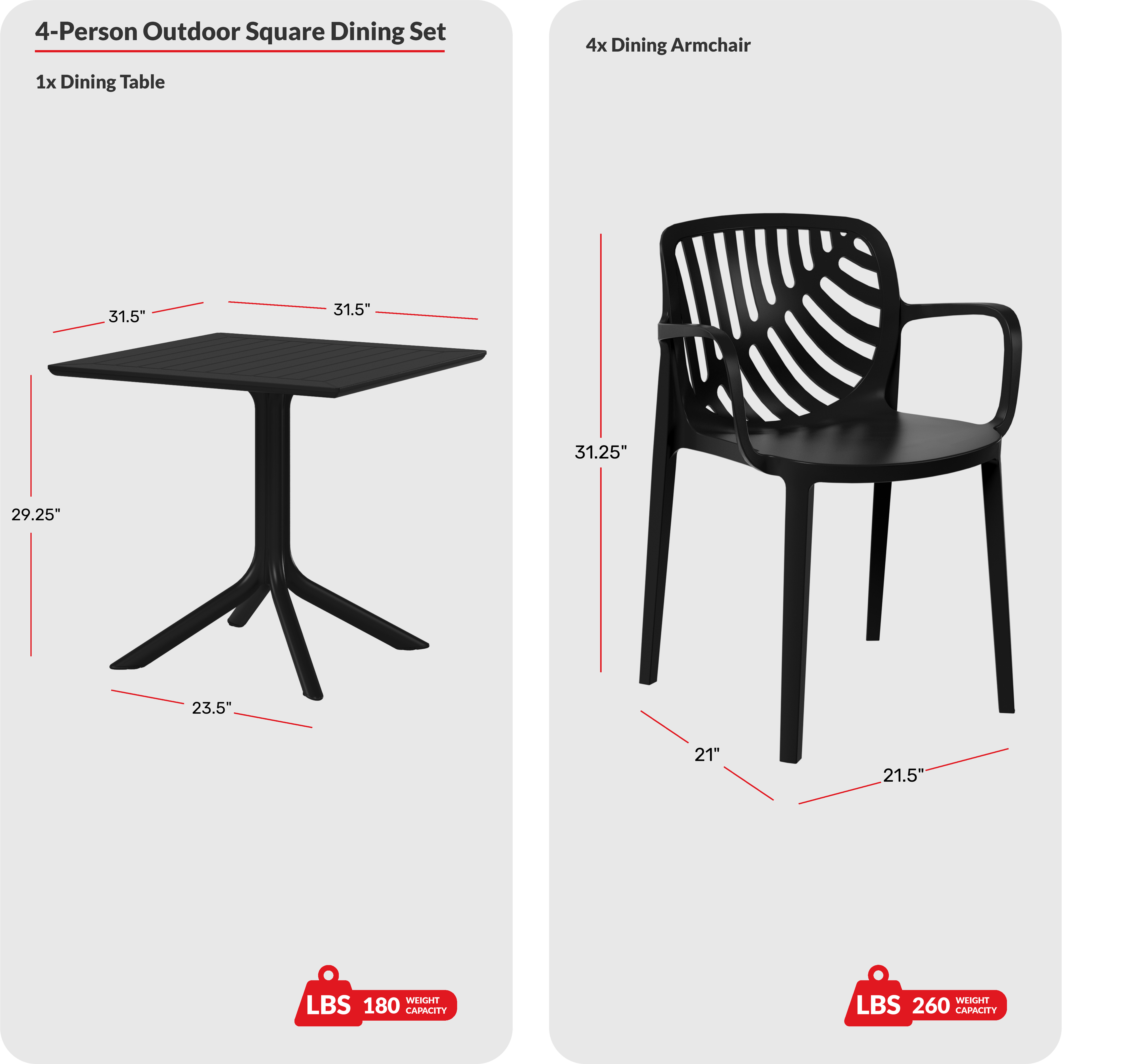 5-Piece Outdoor Square Patio Dining Table Set with Stackable Patio Dining ChairsCOS Spec Image