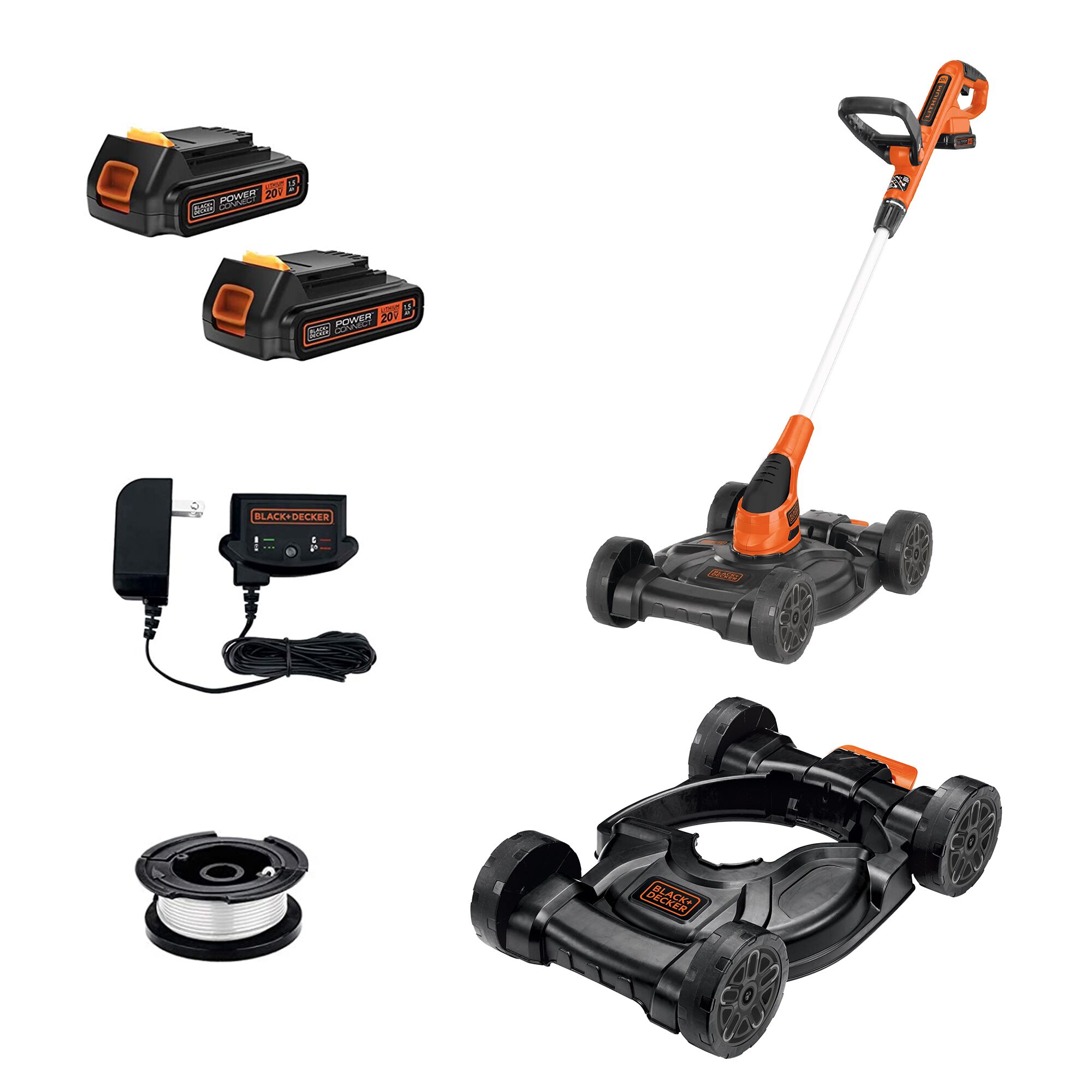 20V Max 3-In-1 Compact Mower components, batteries, charger, and spool of string on white background.