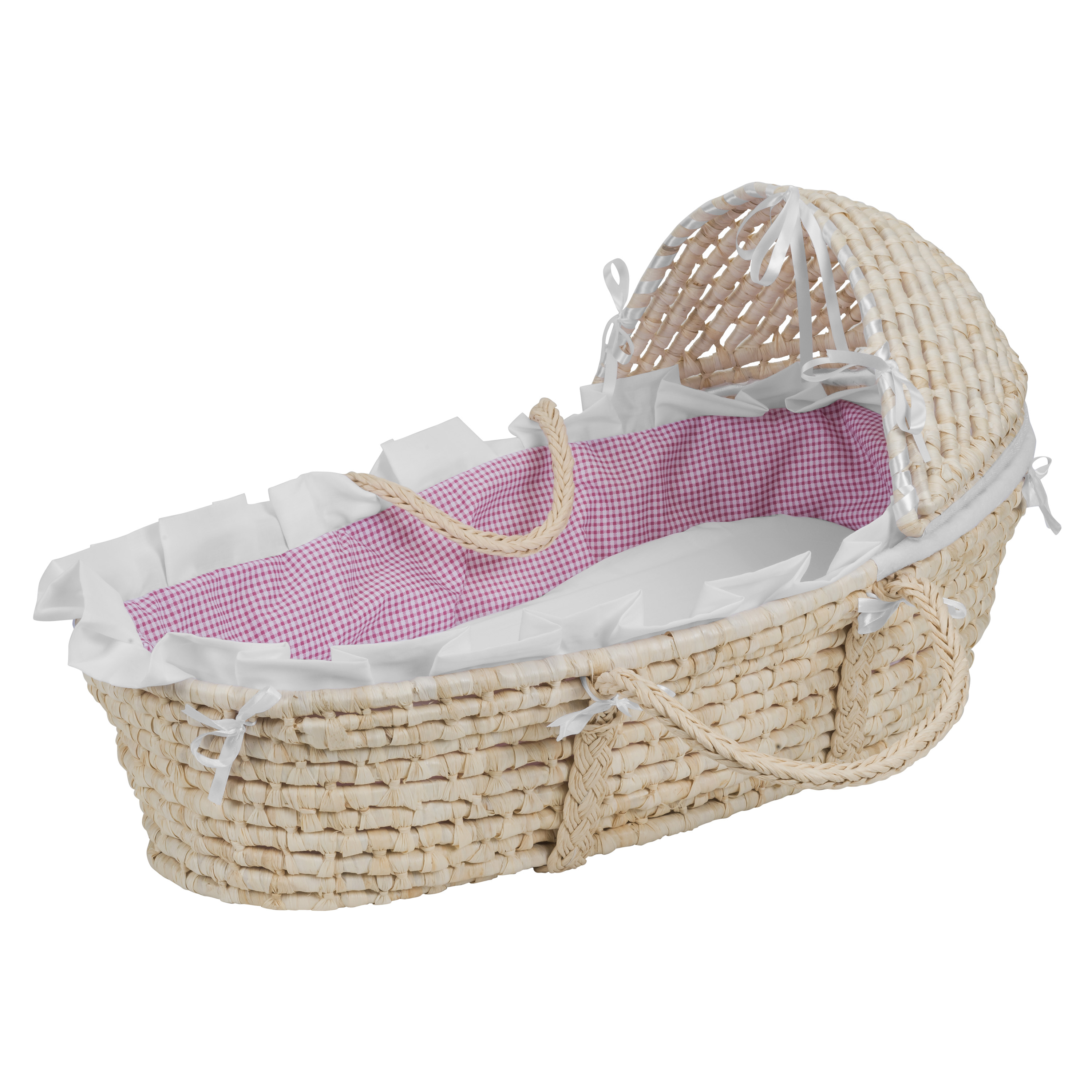 Natural Hooded Moses Basket - Pink Gingham Bedding
