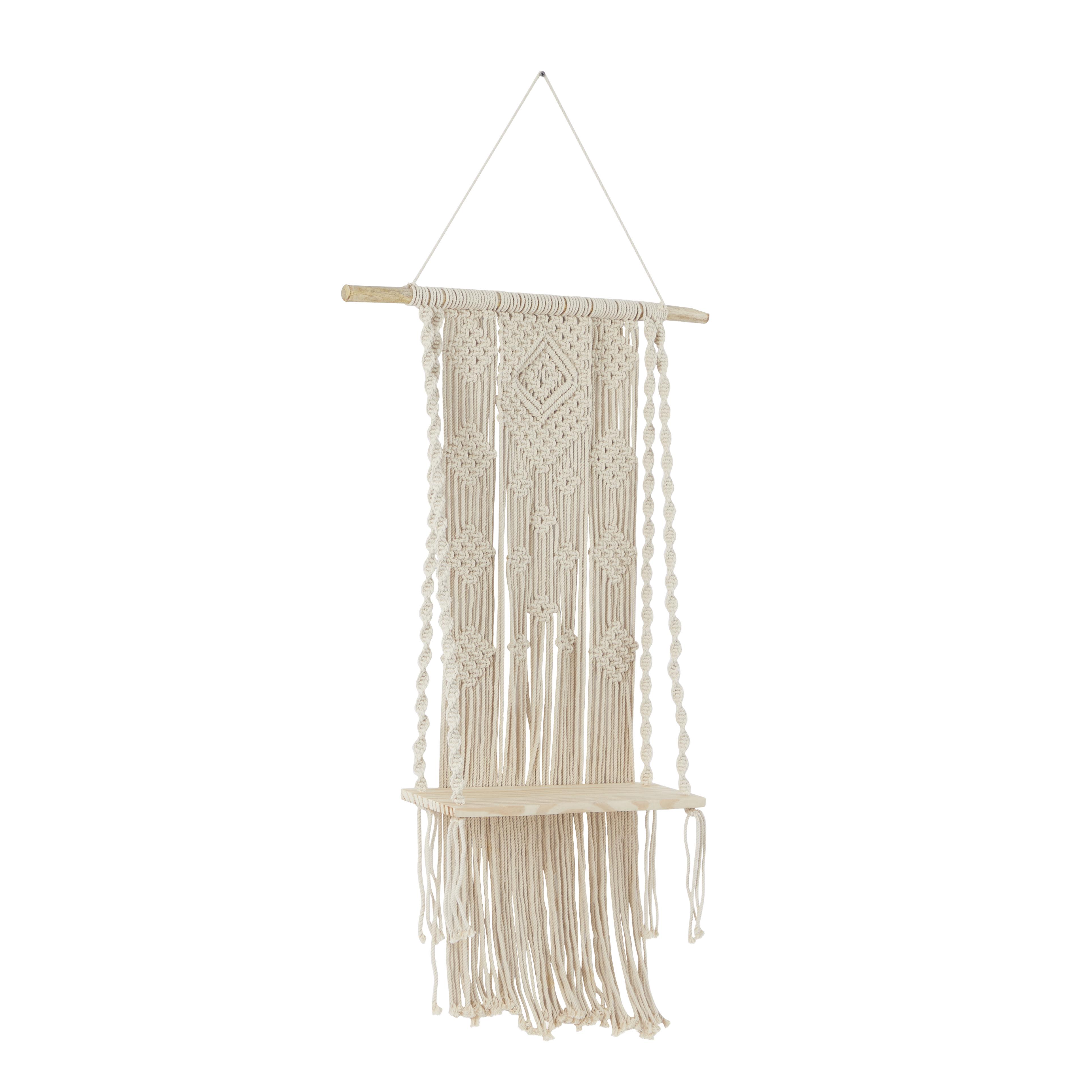 White Cotton Fabric  Handmade Macrame 1 Shelf Wall Shelf, 25" x 6" x 55"