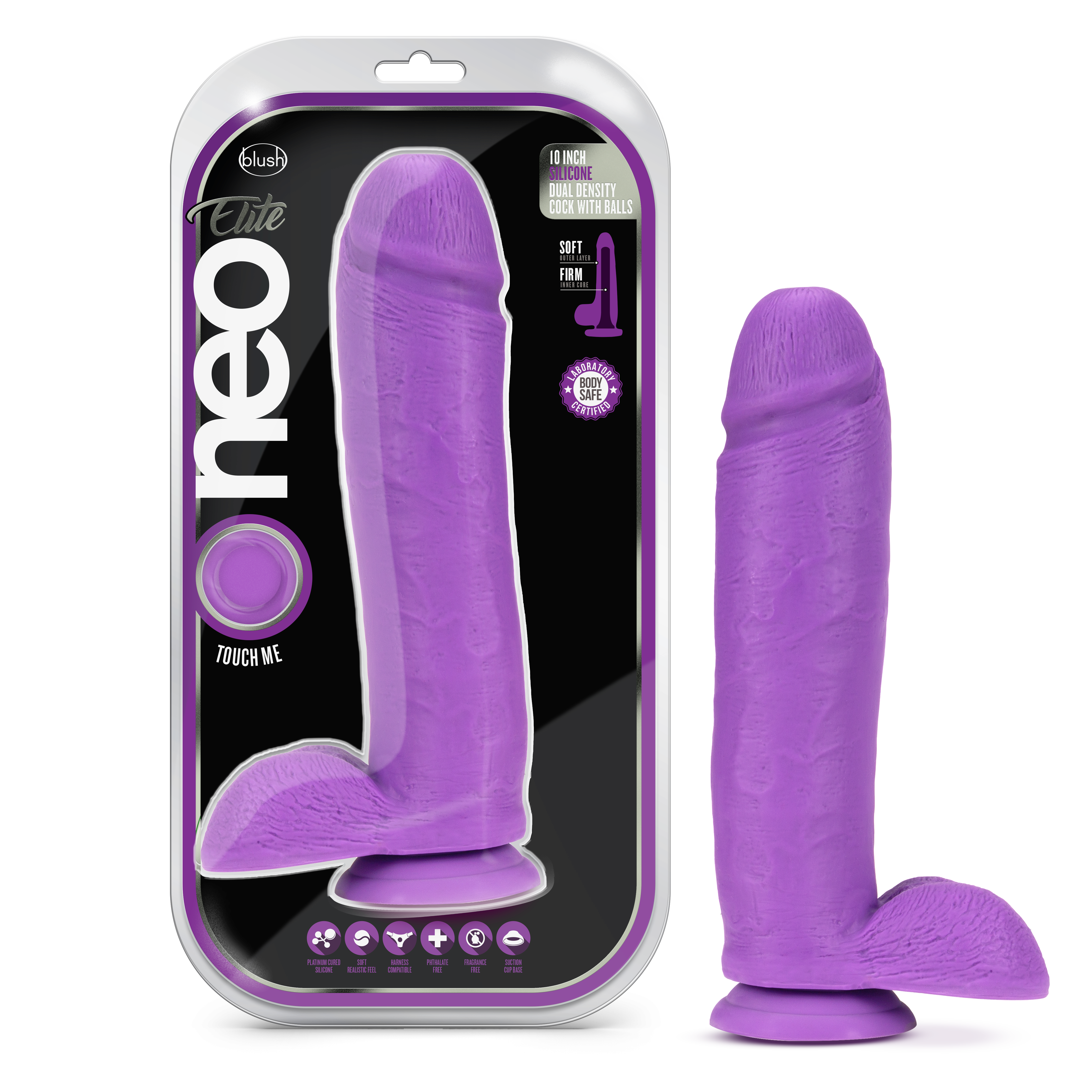 Blush Neo Elite? / Neon Purple: 10.5-Inch Long Dildo - Made with Purio? Silicone & SensaFeel? Dual Density Realistic Technology