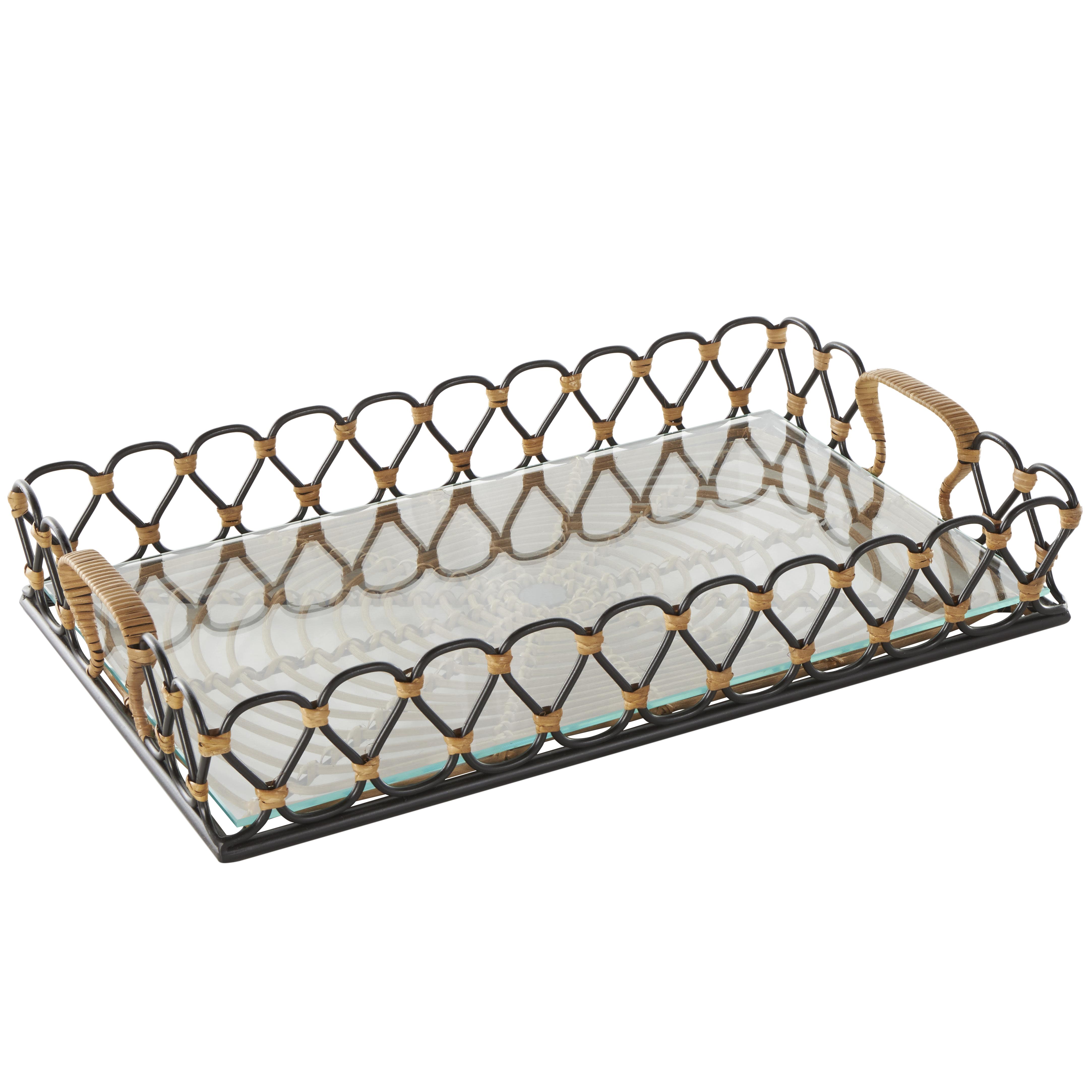 Black Metal  Circular Woven Living Room Decor Tray with Glass Base, 20" x 12" x 4"