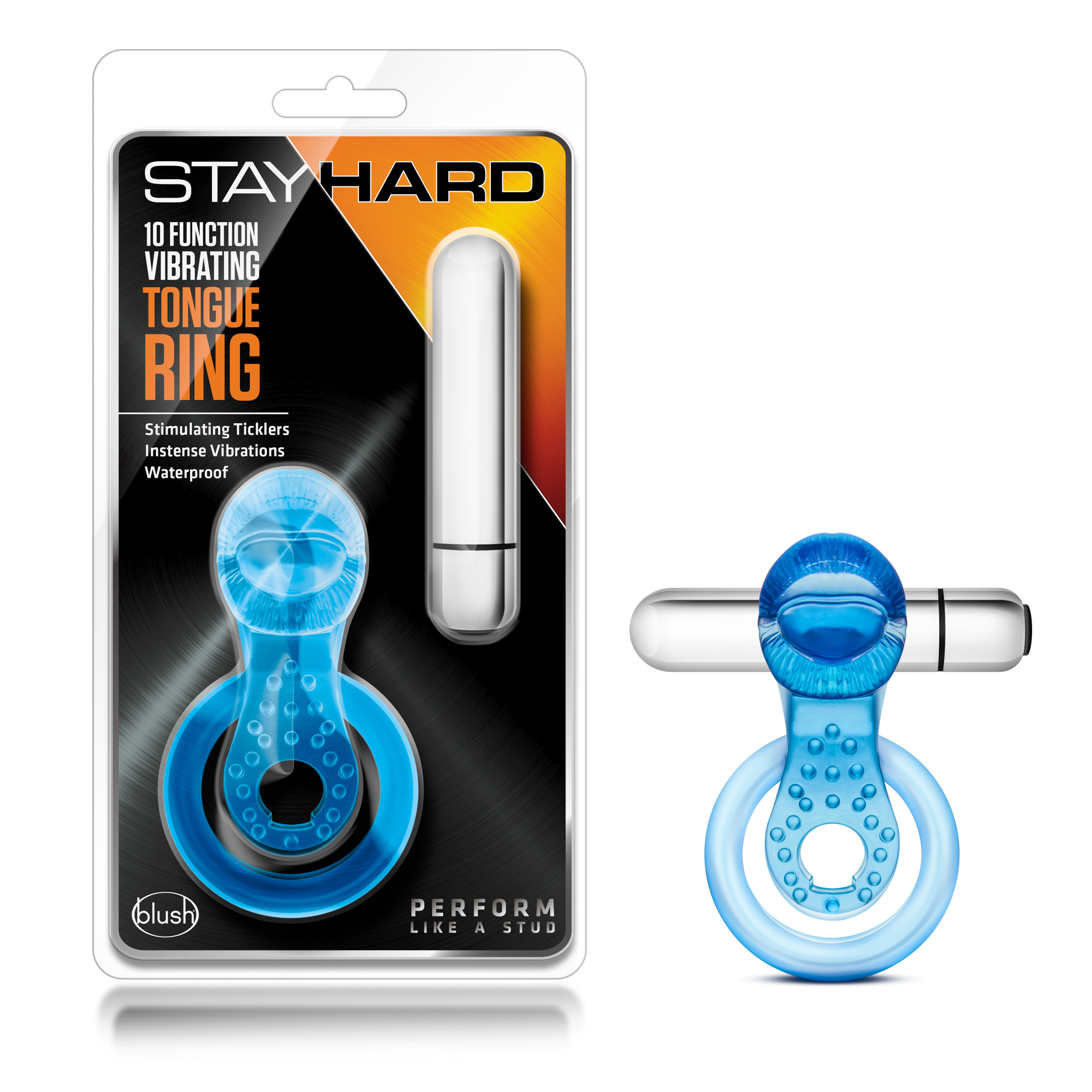 Blush Stay Hard / Tongue Ring: 3-In-1 Blue 10-Function Vibrating Penis Ring