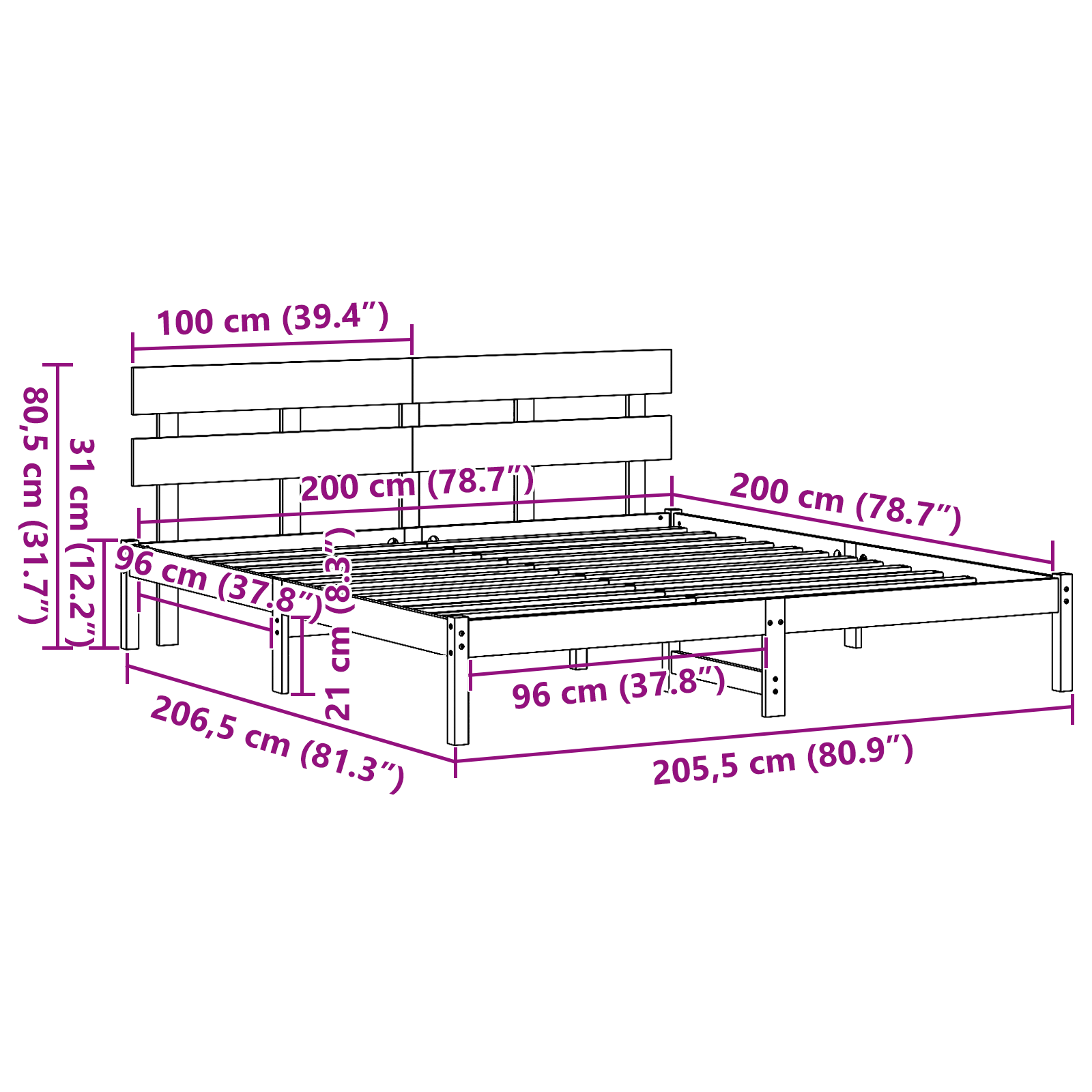 Bedframe met hoofdeinde Wit 200 x 200 cm Massief grenenhout