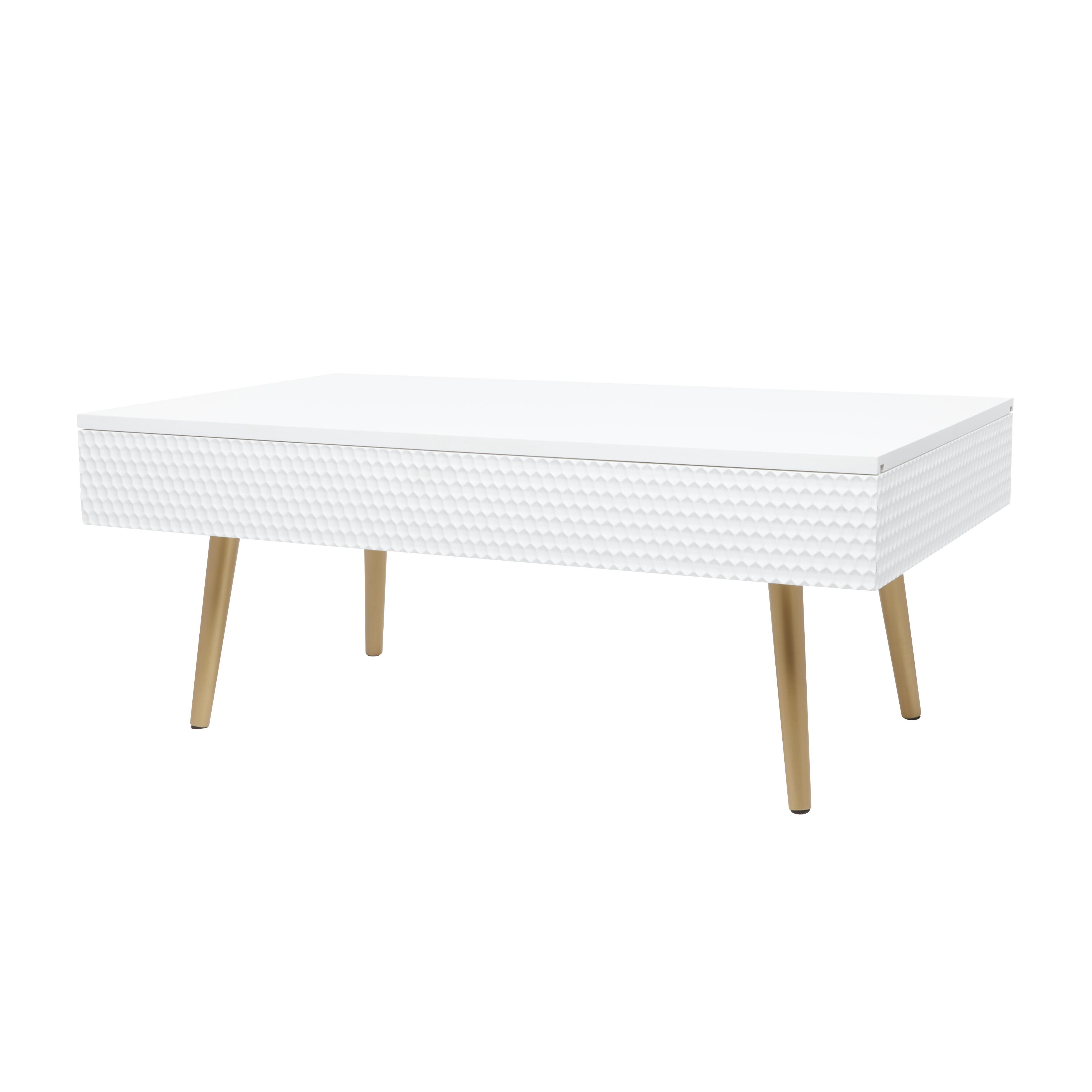White Wood  Coffee Table with Storage and Gold Metal Legs, 47" x 28" x 19"