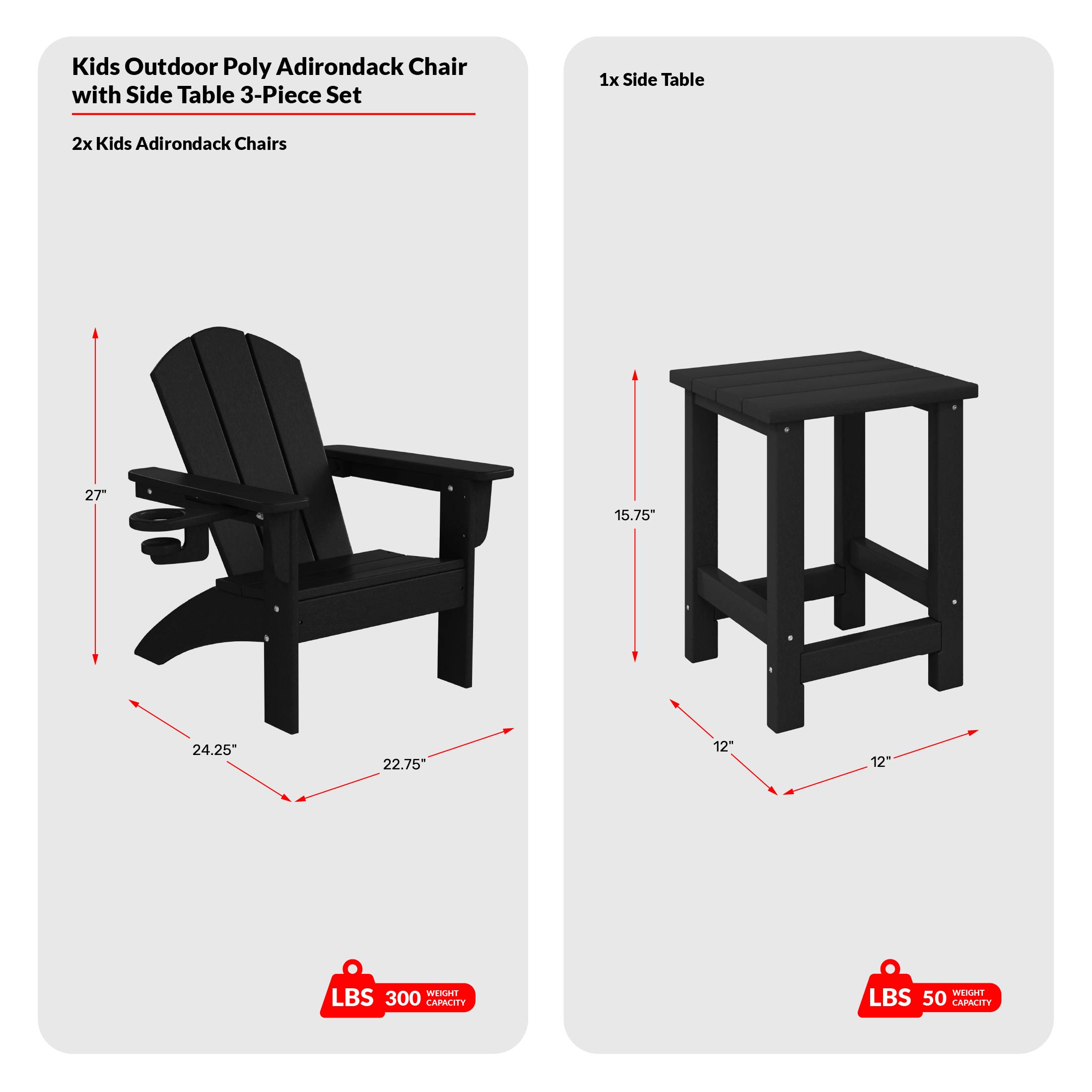 3-Piece Kids HDPE Adirondack Chairs Set with Square Side Table and Cup Holders COS Spec Image