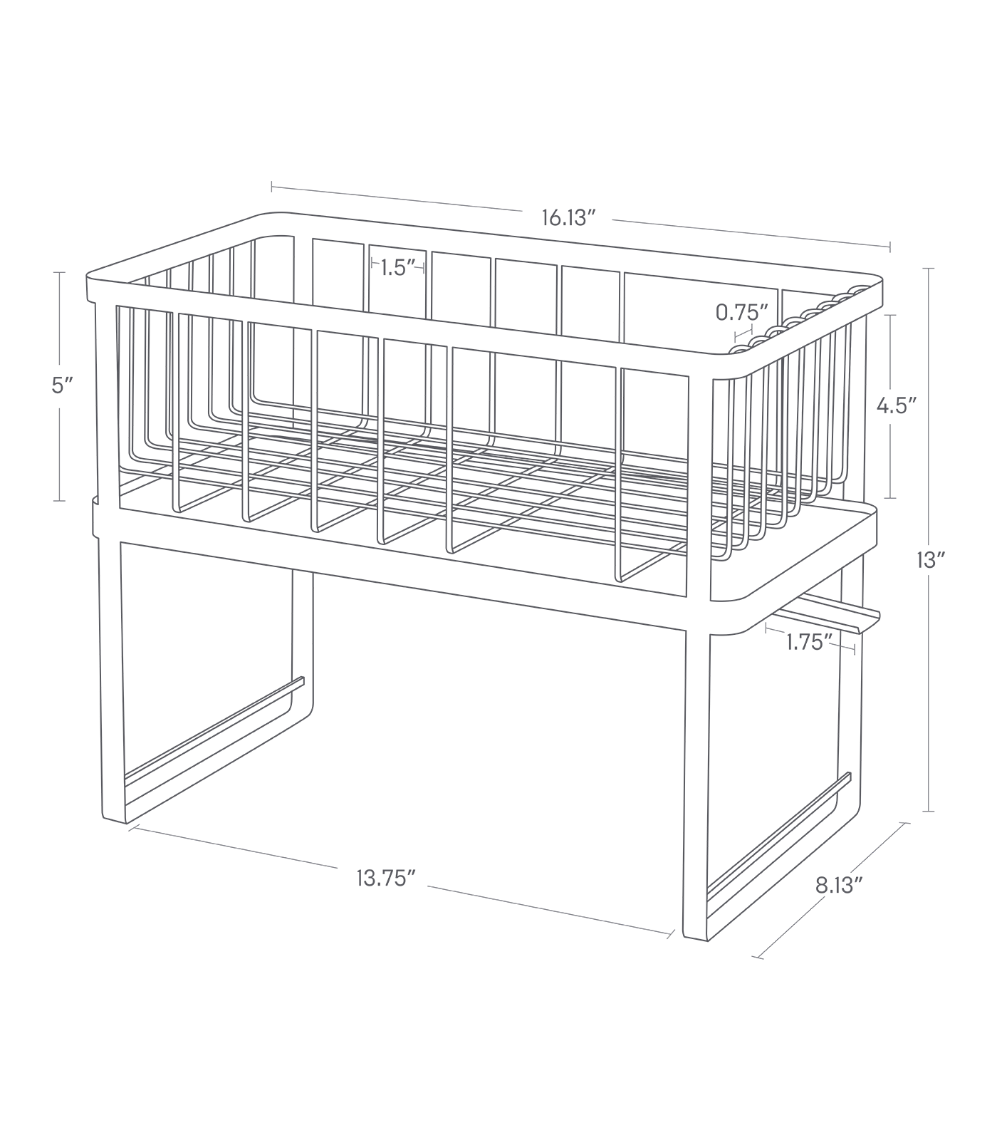 Dimension image for Two-Tier Wire Dish Rackon a white background showinglength of 16.13