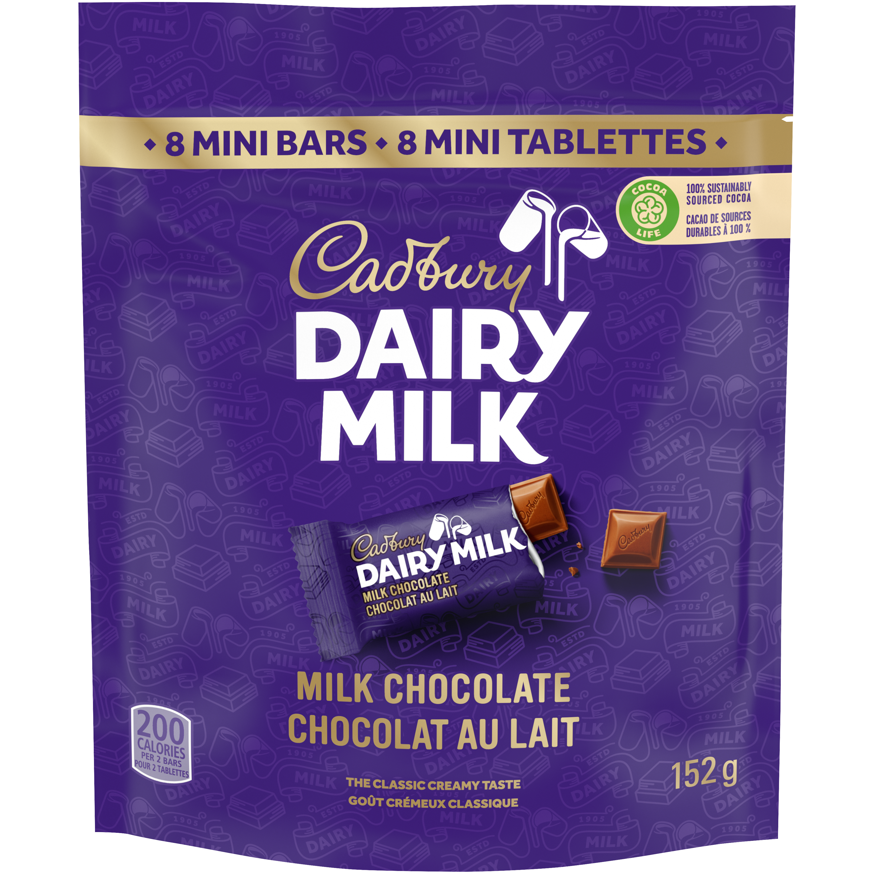 Cadbury Dairy Milk Chocolat au lait, Mini tablettes, 8 unités, 152 g