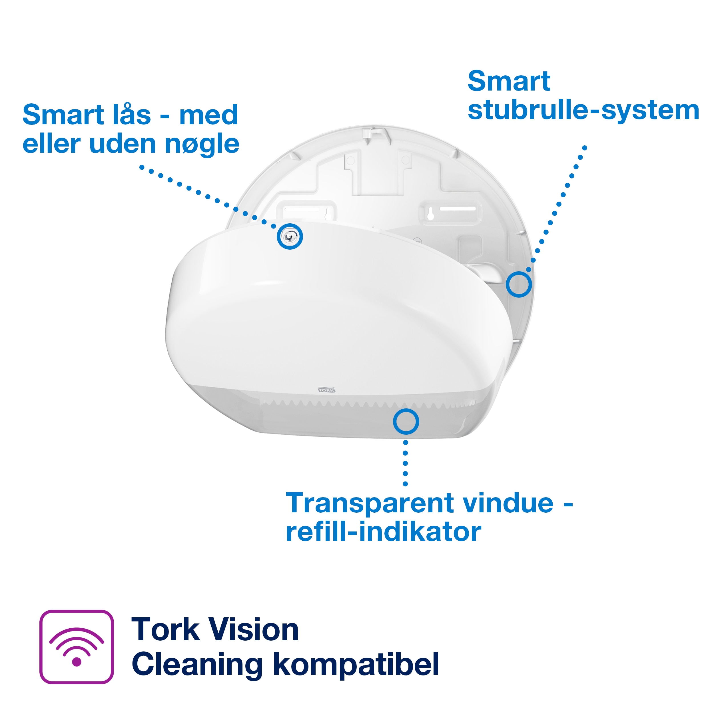 Toiletpapirdispenser, Til mini jumboruller, Udvendig oprulning, Hvid, Tork Mini Jumbo T2