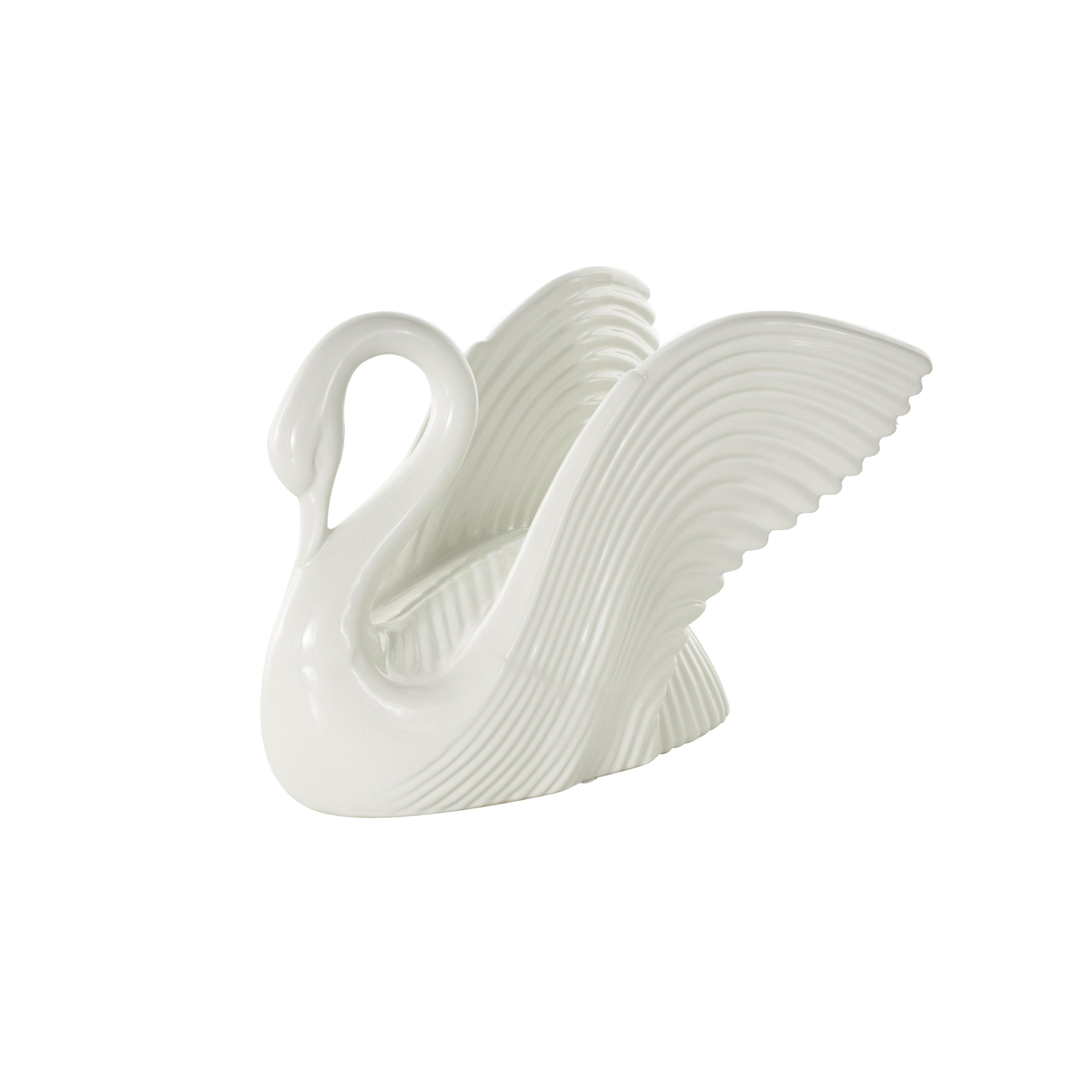 White Ceramic Swan Decorative Sculpture with Textured Grooves, 11" x 7" x 8"