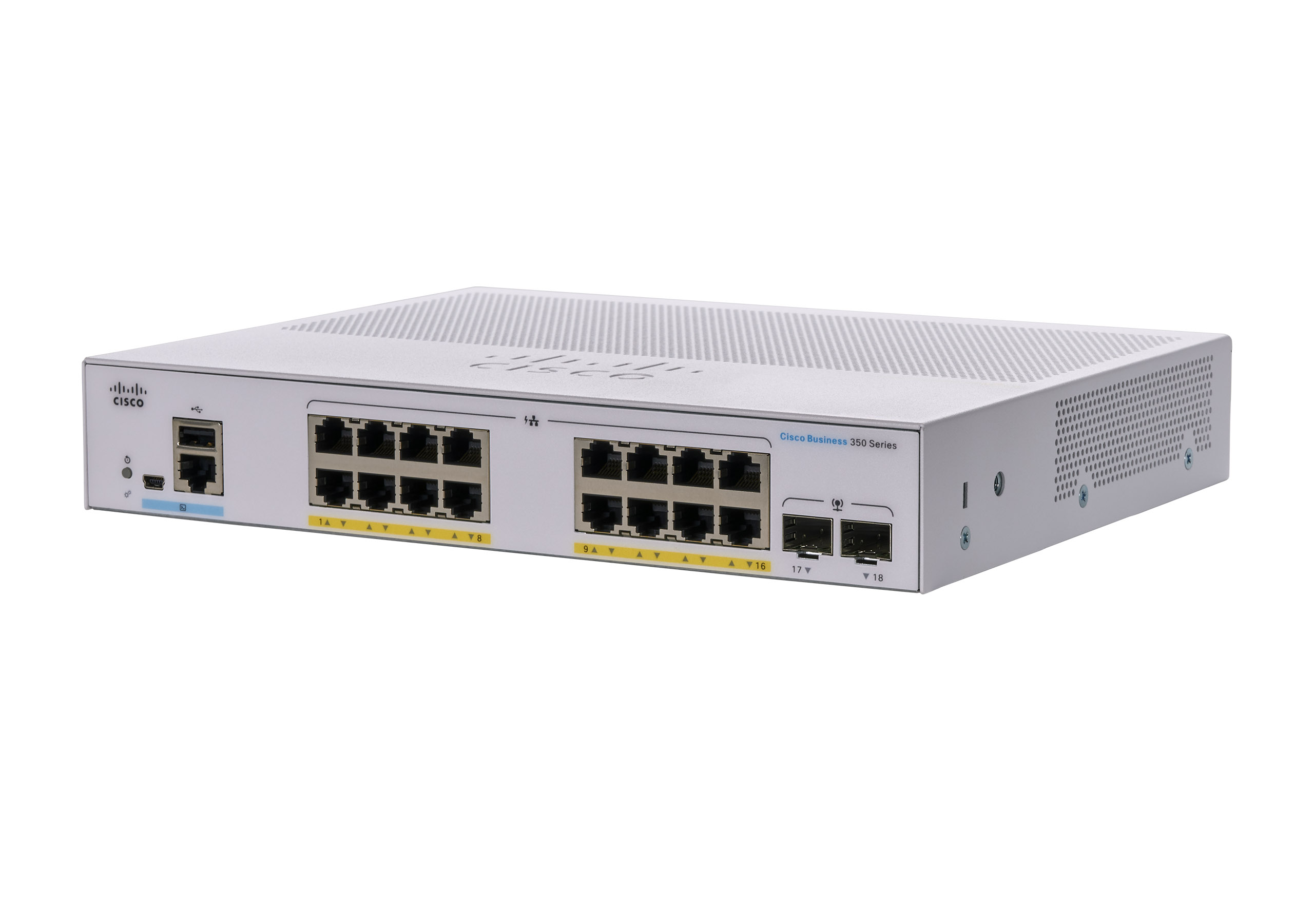 Picture of Cisco CBS350-16P-E-2G 16 Ports Manageable Ethernet Switch - 3 Layer Supported - Modular - 120 W PoE Budget - Optical Fiber, Twisted Pair - PoE Ports - Rack-mountable