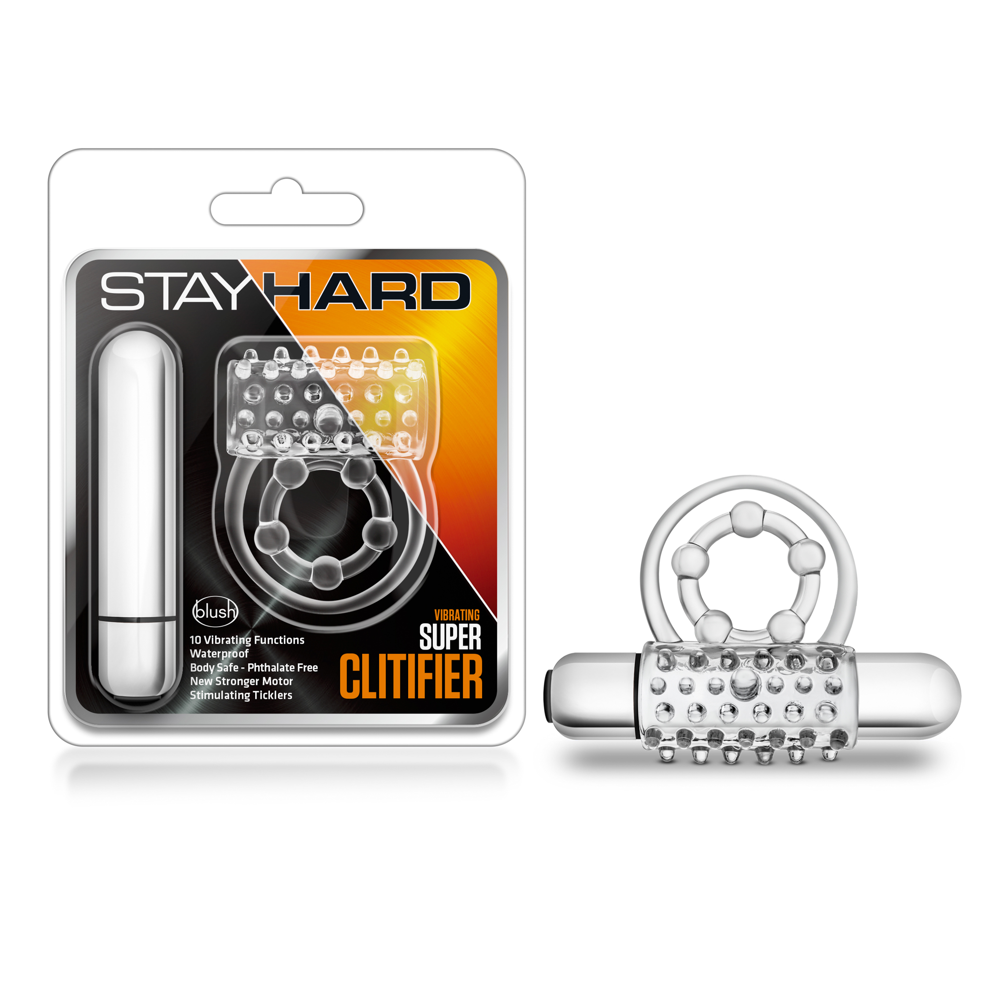 Blush Stay Hard / Super Clitifier: 3-In-1 Clear 10-Function Vibrating Penis Ring