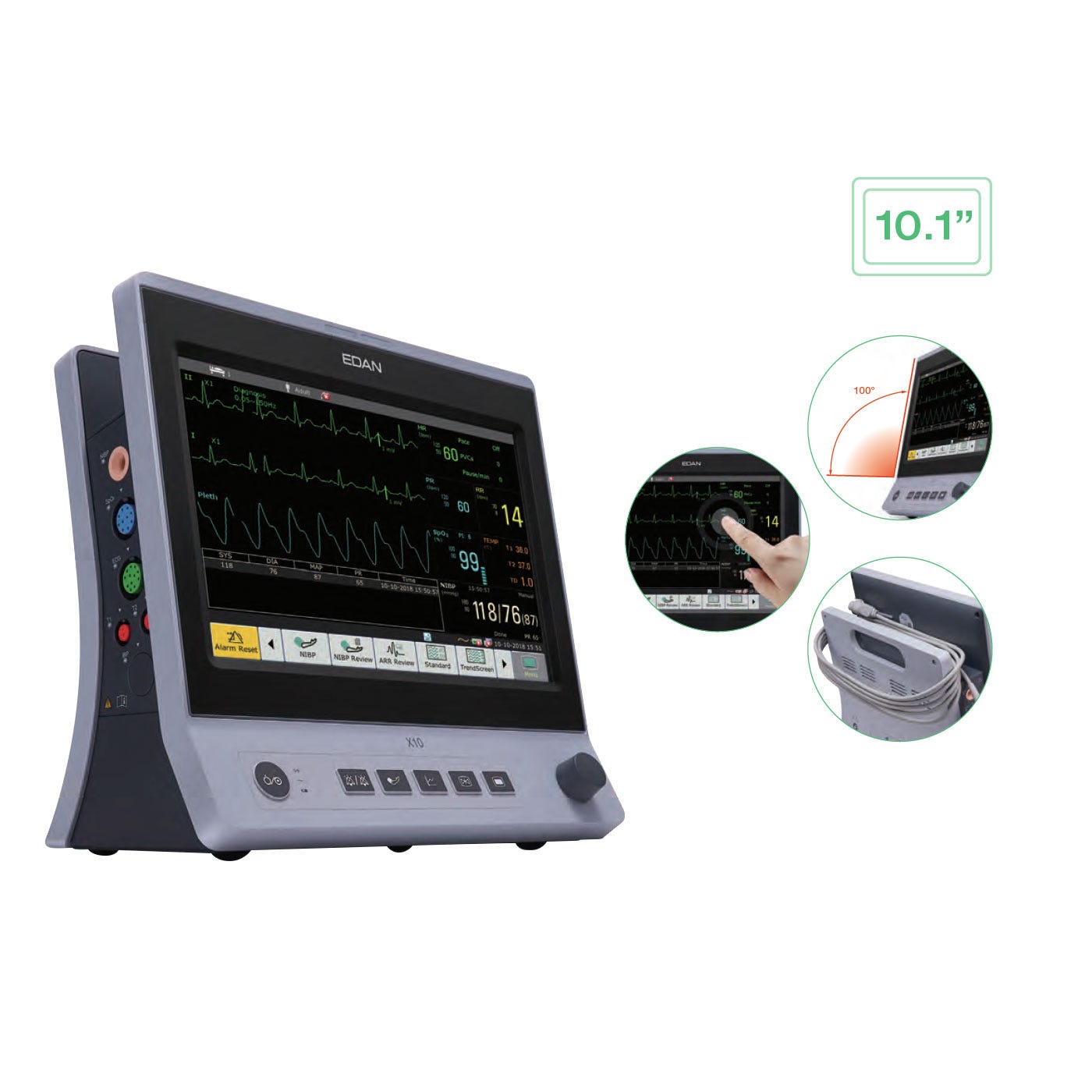 Patient Monitor with 10.1" Touch Screen, ECG, SPO2, NIBP, CO2, Respiratory Rate and Printer