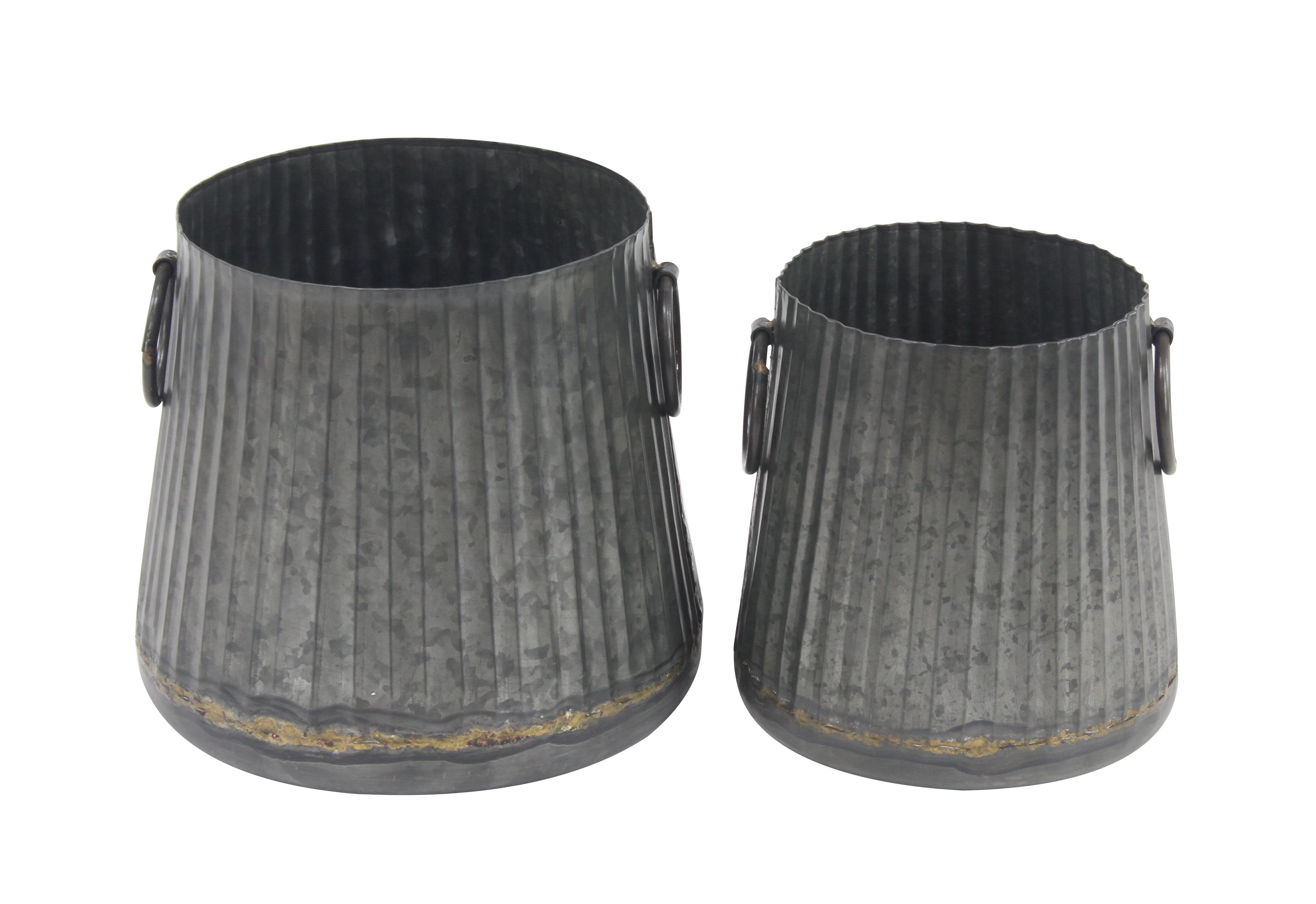 Ridged Silver Metal Planters with Loop Handles, Set of 2, 13" x 13" x 11"