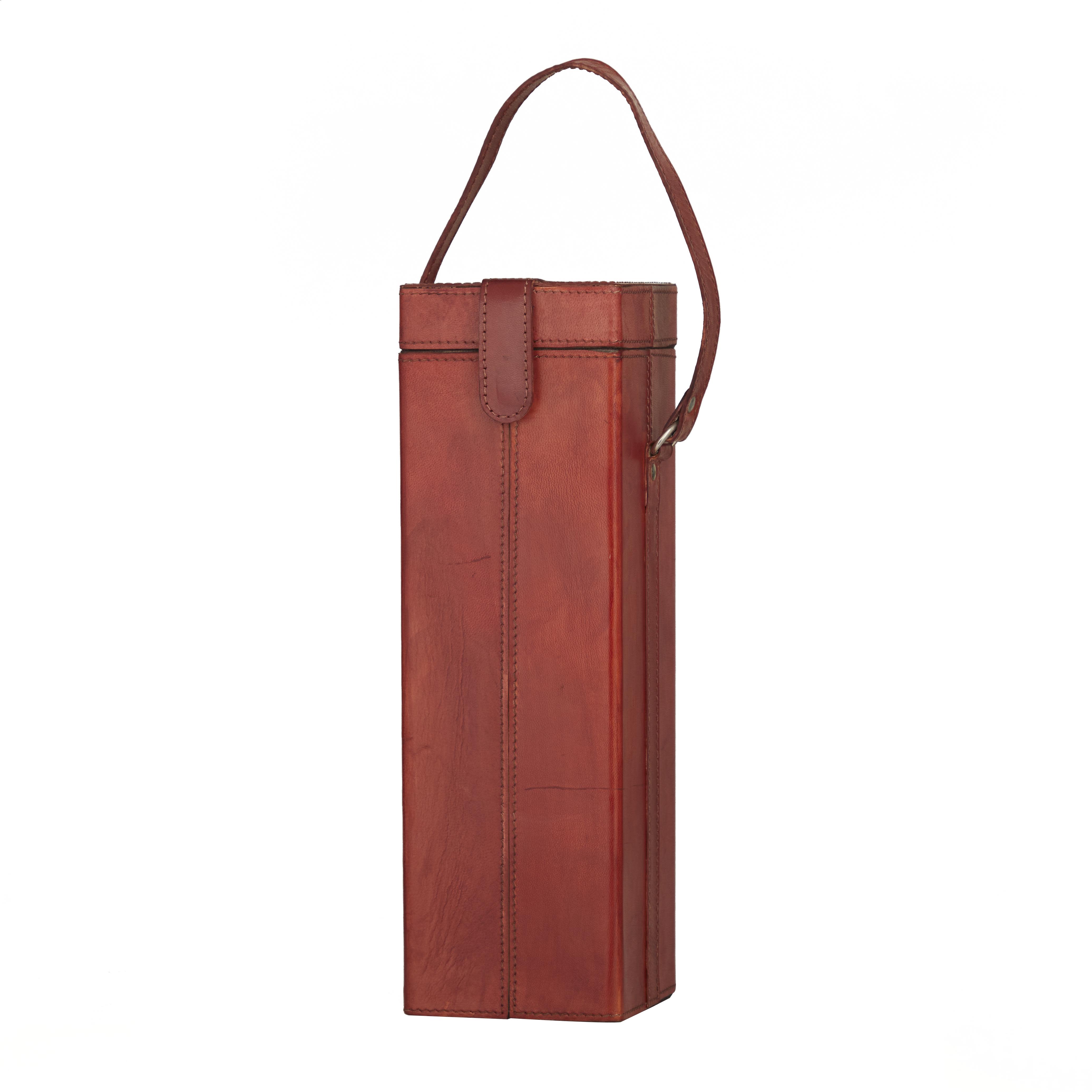 Red Leather  Handmade Single Bottle Wine Holder with Carrying Handle, 5" x 5" x 15"