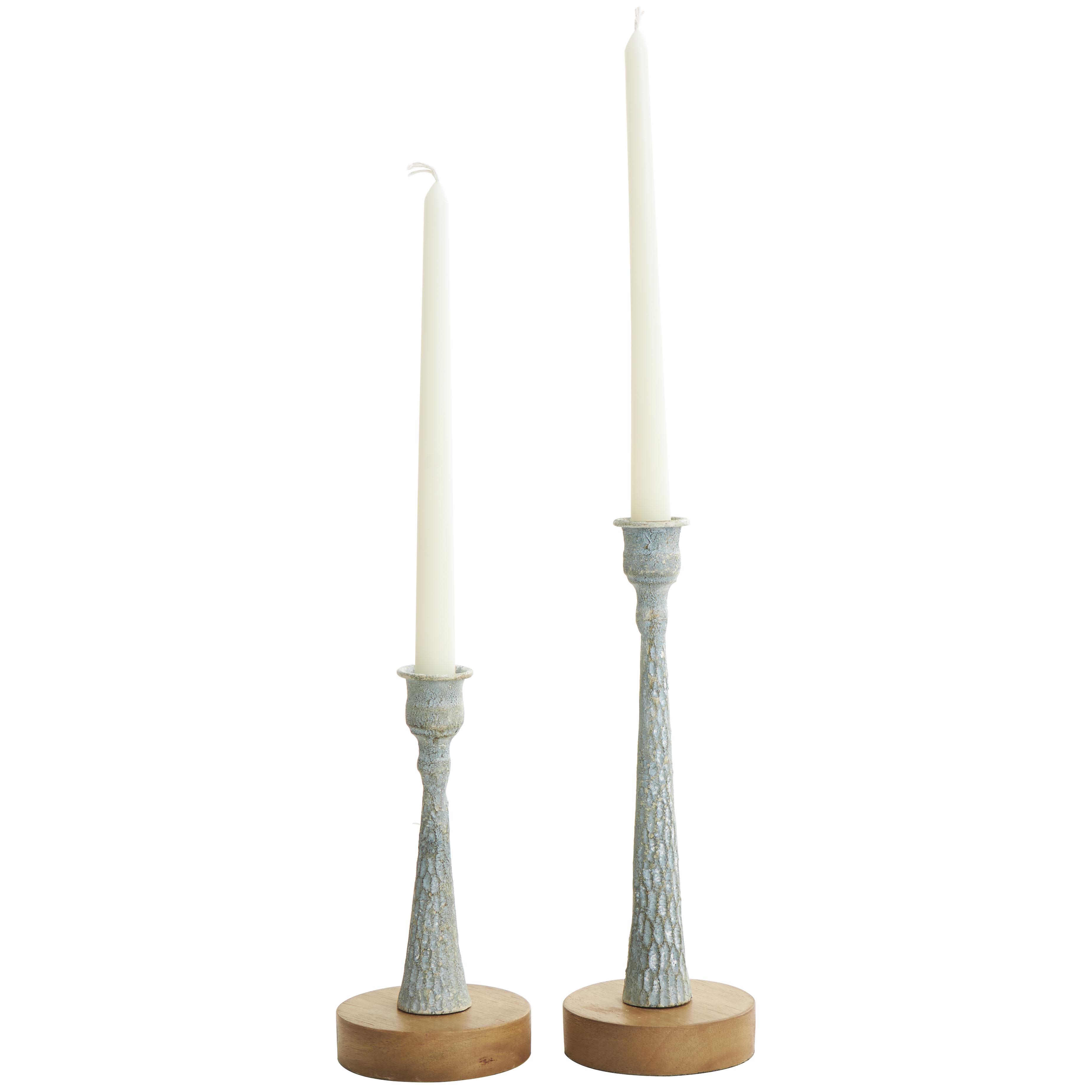 Light Blue Metal  Textured Tapered Decorative Candle Holder with Brown Wood Bases, Set of 2 10", 7"H