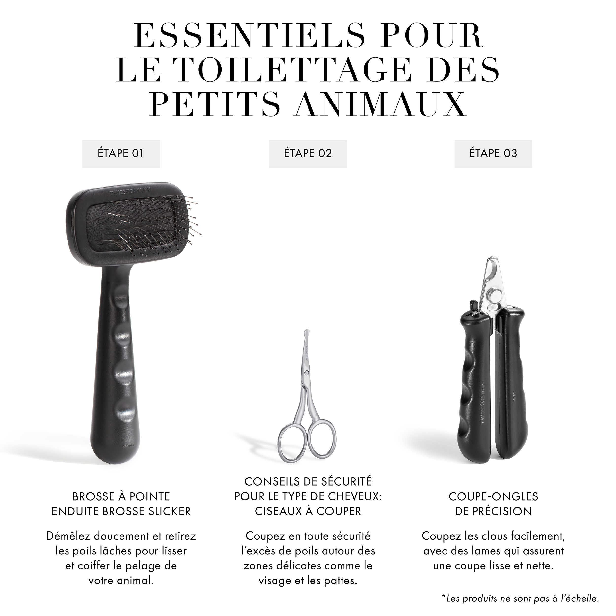 Essentiels pour le toilettage des petits animaux : Étape 1 Brosse de bain 2-en-1 pour shampooing et distribution : Le design à une main permet de nettoyer et de laver en profondeur la saleté du pelage de votre animal. Étape 2 Coupe-ongles de précision : Coupez les ongles facilement, avec des lames qui assurent une coupe lisse et nette. Étape 3 Brosse Slicker à pointe enduite : Démêlez doucement et retirez les poils lâches pour lisser et coiffer le pelage de votre animal. *Les produits ne sont pas à l’échelle.