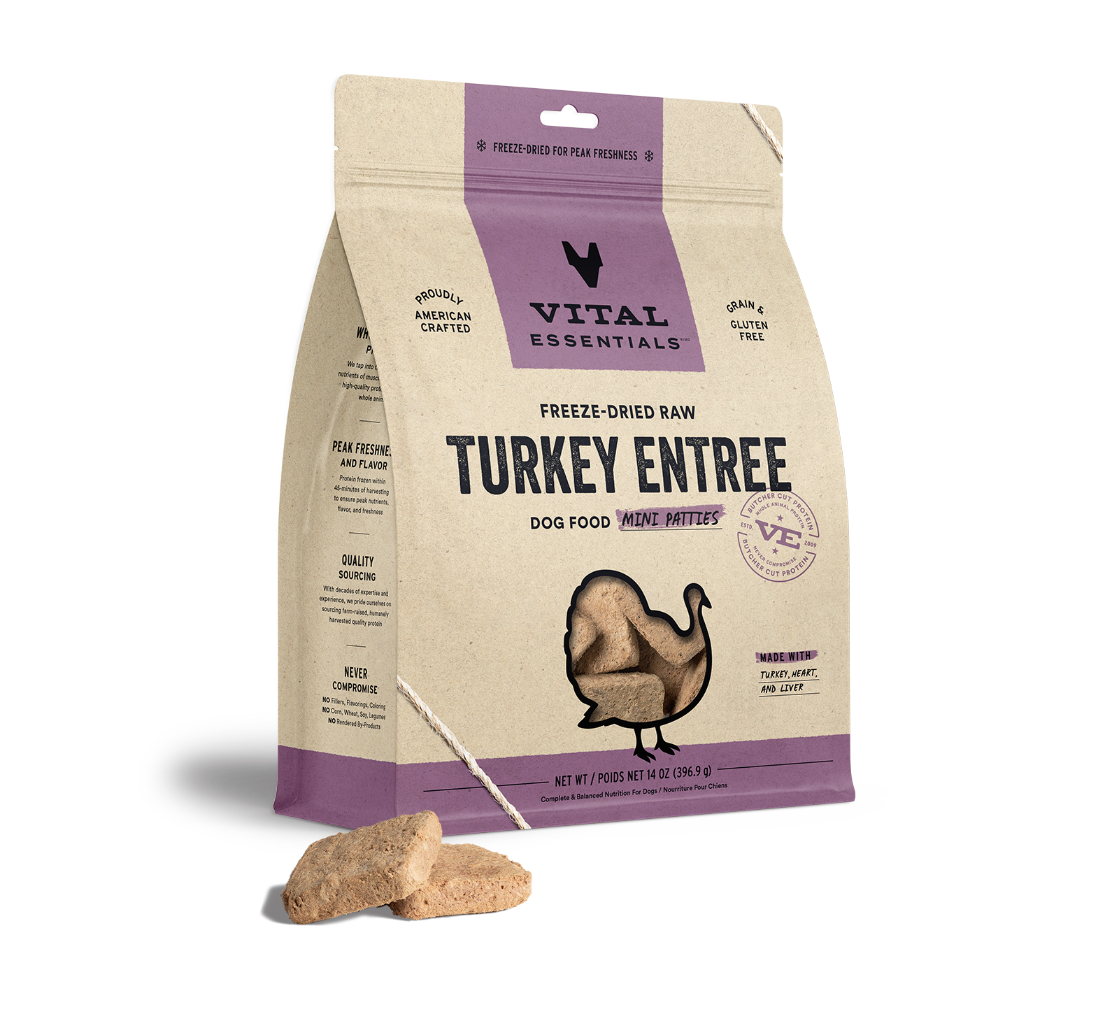 Vital Essentials Freeze-Dried Raw Turkey Entree Dog Food Mini Patties, 14 oz - Health/First Aid