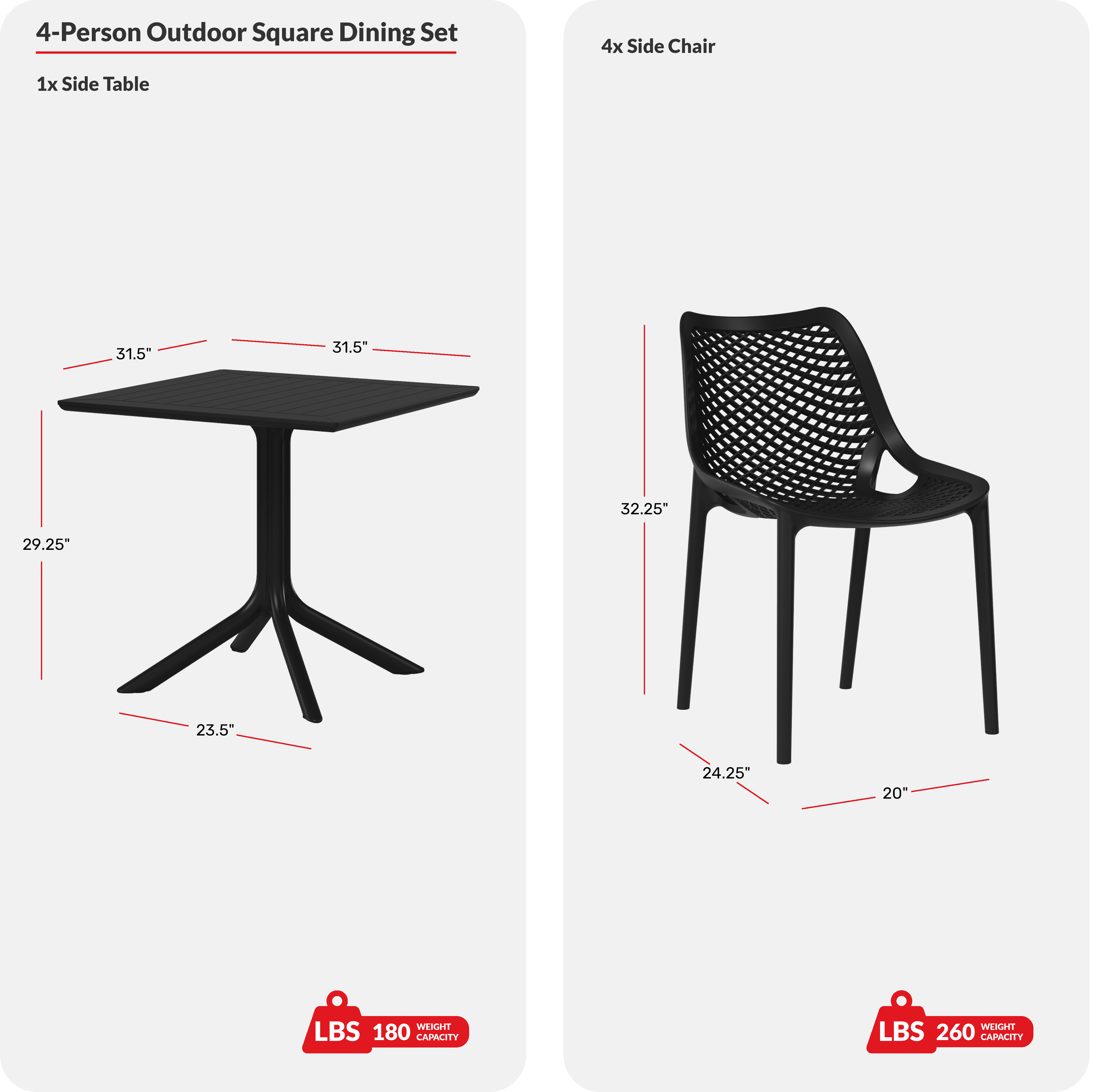 5-Piece Resin Square Patio Dining Table Set with Stackable Patio Dining ChairsCOS Spec Image