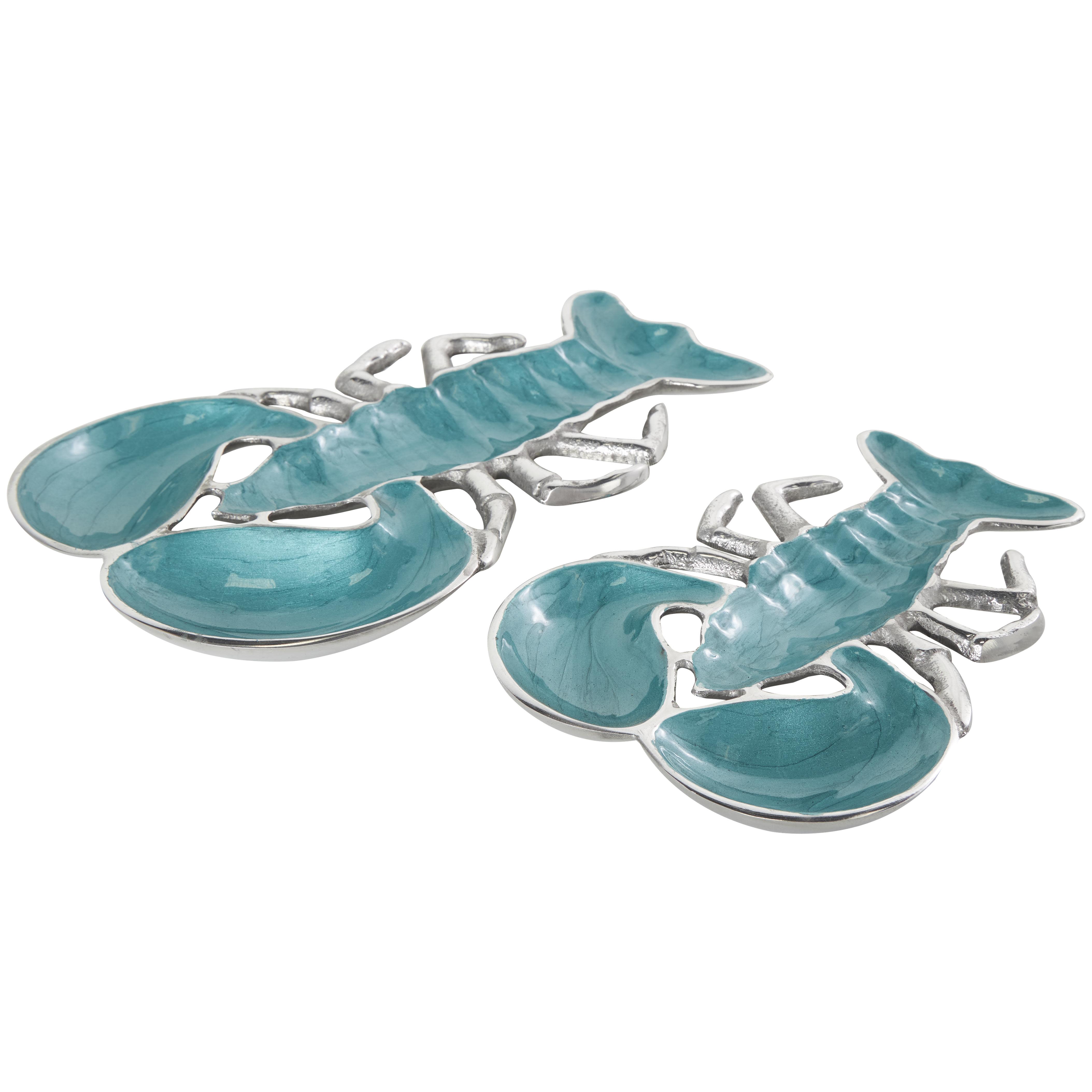 ((6 sets of 2pcs))Teal Aluminum Metal Lobster Enameled Living Room Decor Tray with Silver Metal Exterior, 11\", 9\"W