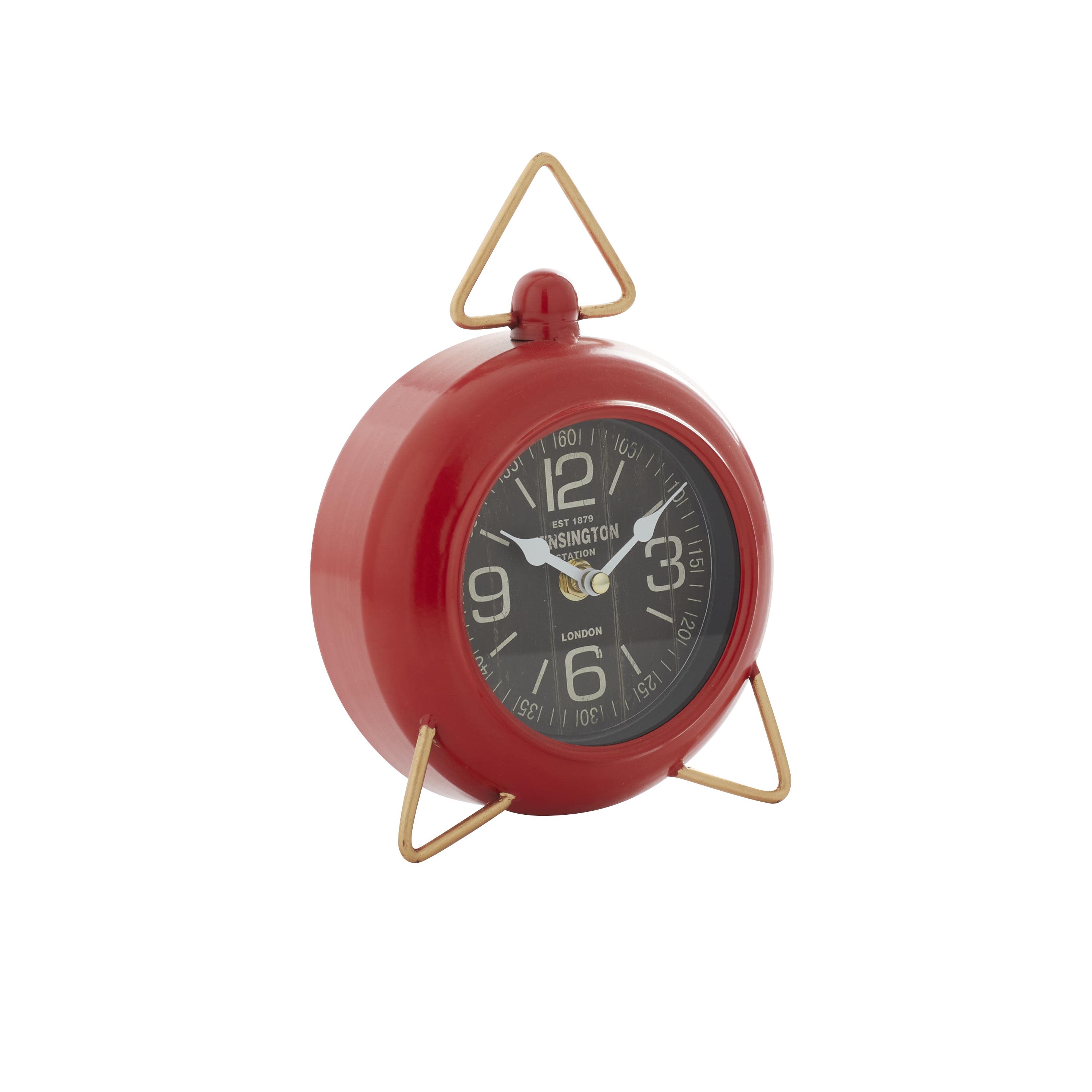 red metal  decorative clock with gold accents, 6" x 3" x 9"