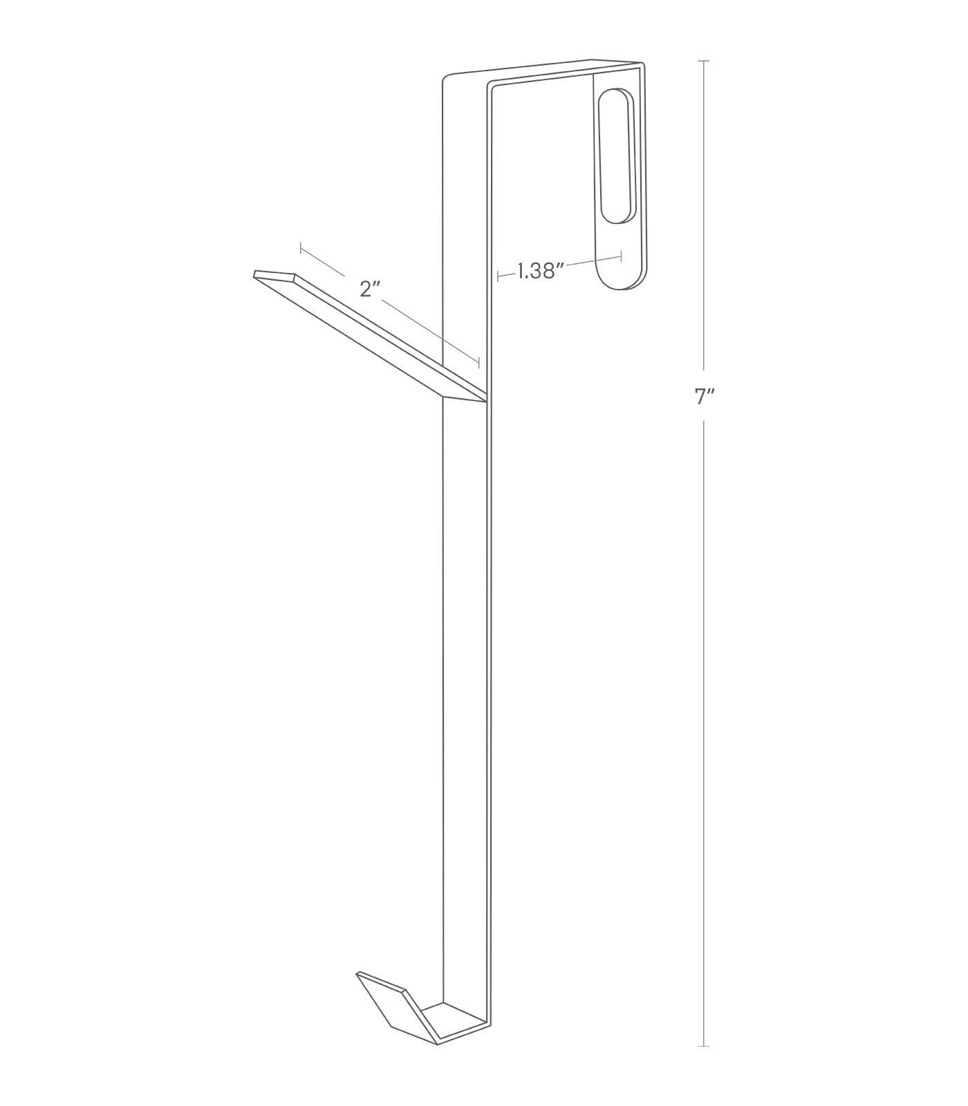 Dimension Image for Over The Door Hook on a white background showing height of 7", upper hook length of 2", and hanger hook gap of 1.38".