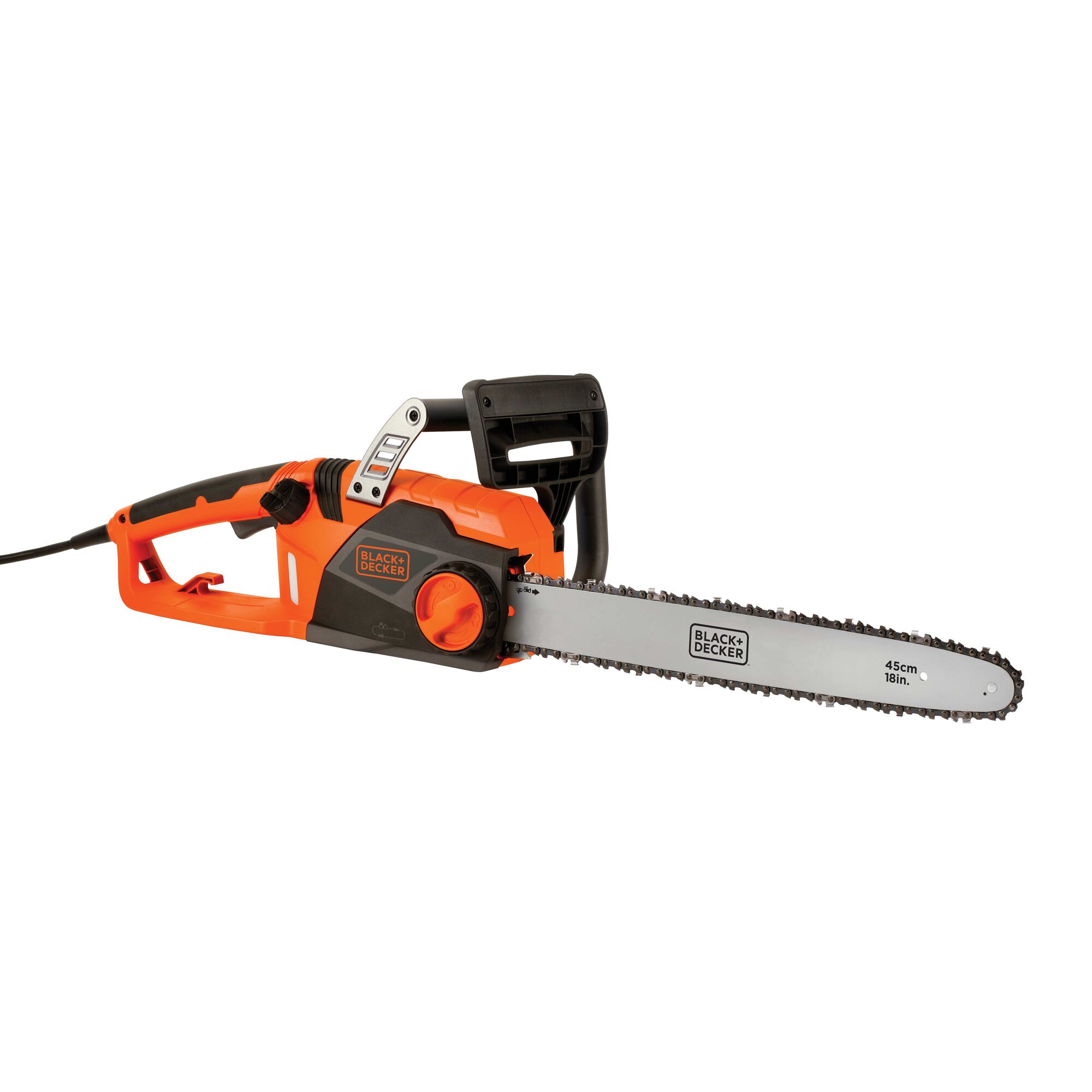 Profile of 15 amp 18 inch chainsaw.