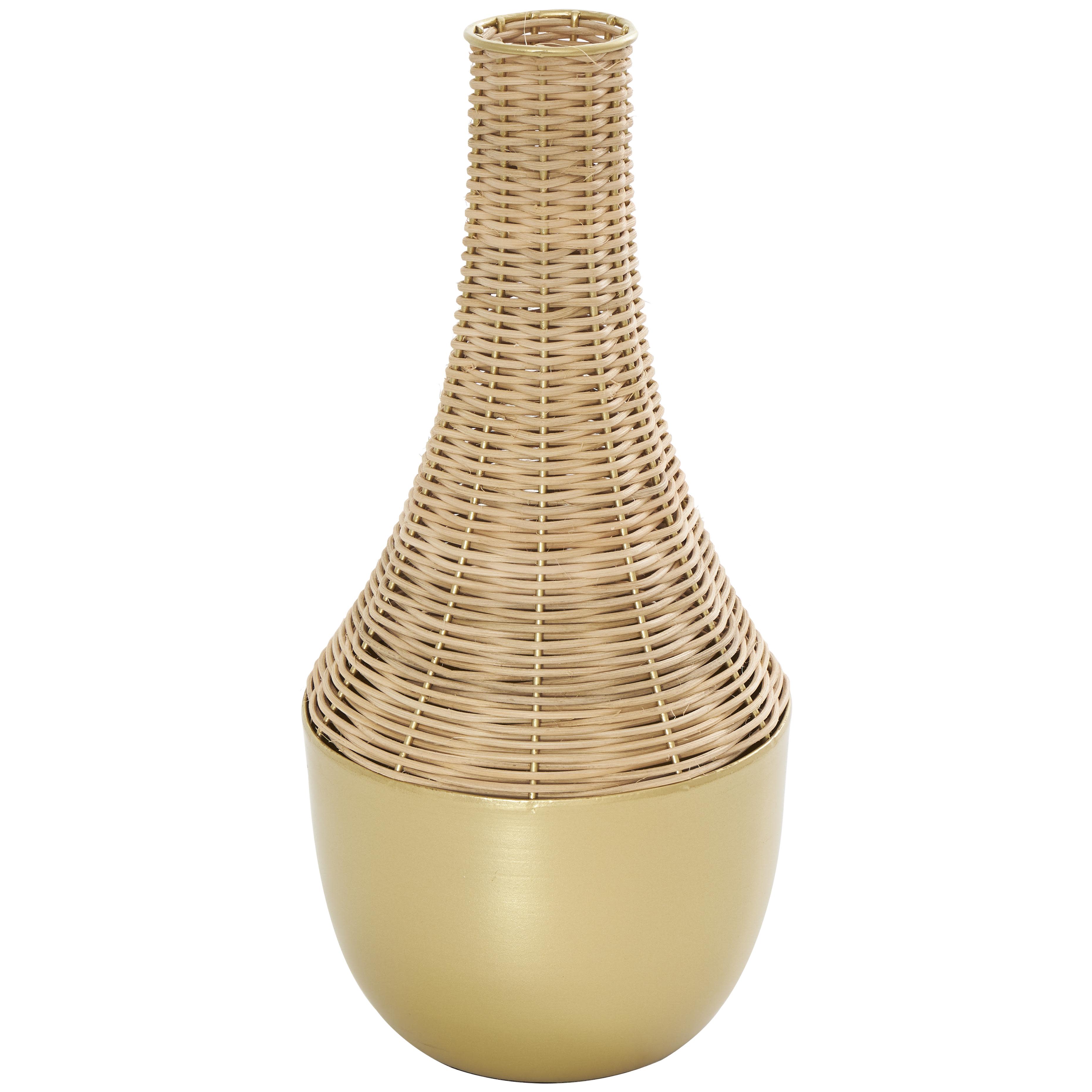 Brown Rattan  Handmade Woven Decorative Vase with Gold Metal Base, 7" x 7" x 15"