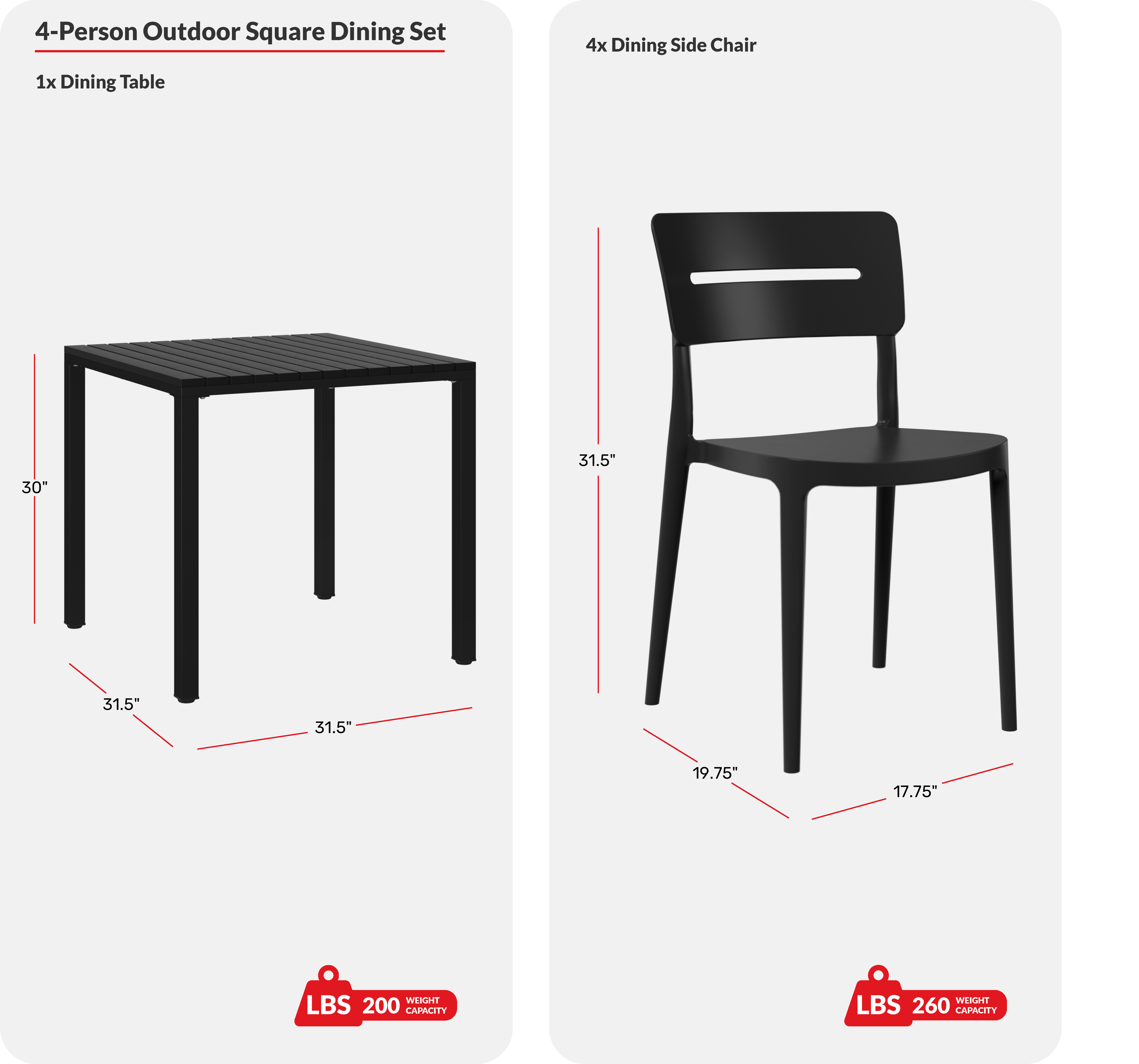 5-Piece Outdoor Metal Frame Dining Table Patio Set with Stackable Patio Dining ChairsCOS Spec Image