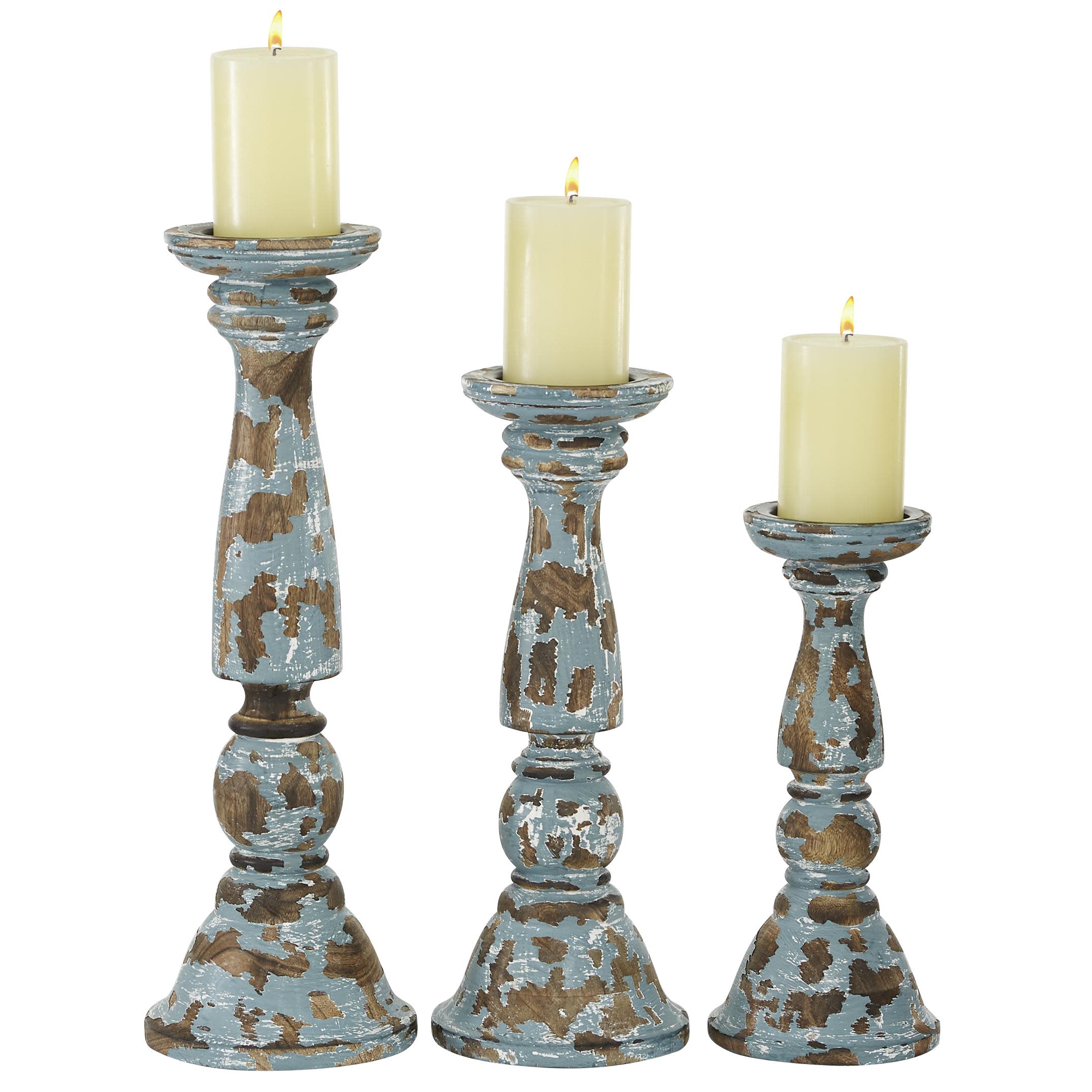 Blue Wood  Candle Holder, Set of 3 18", 15", 12"H