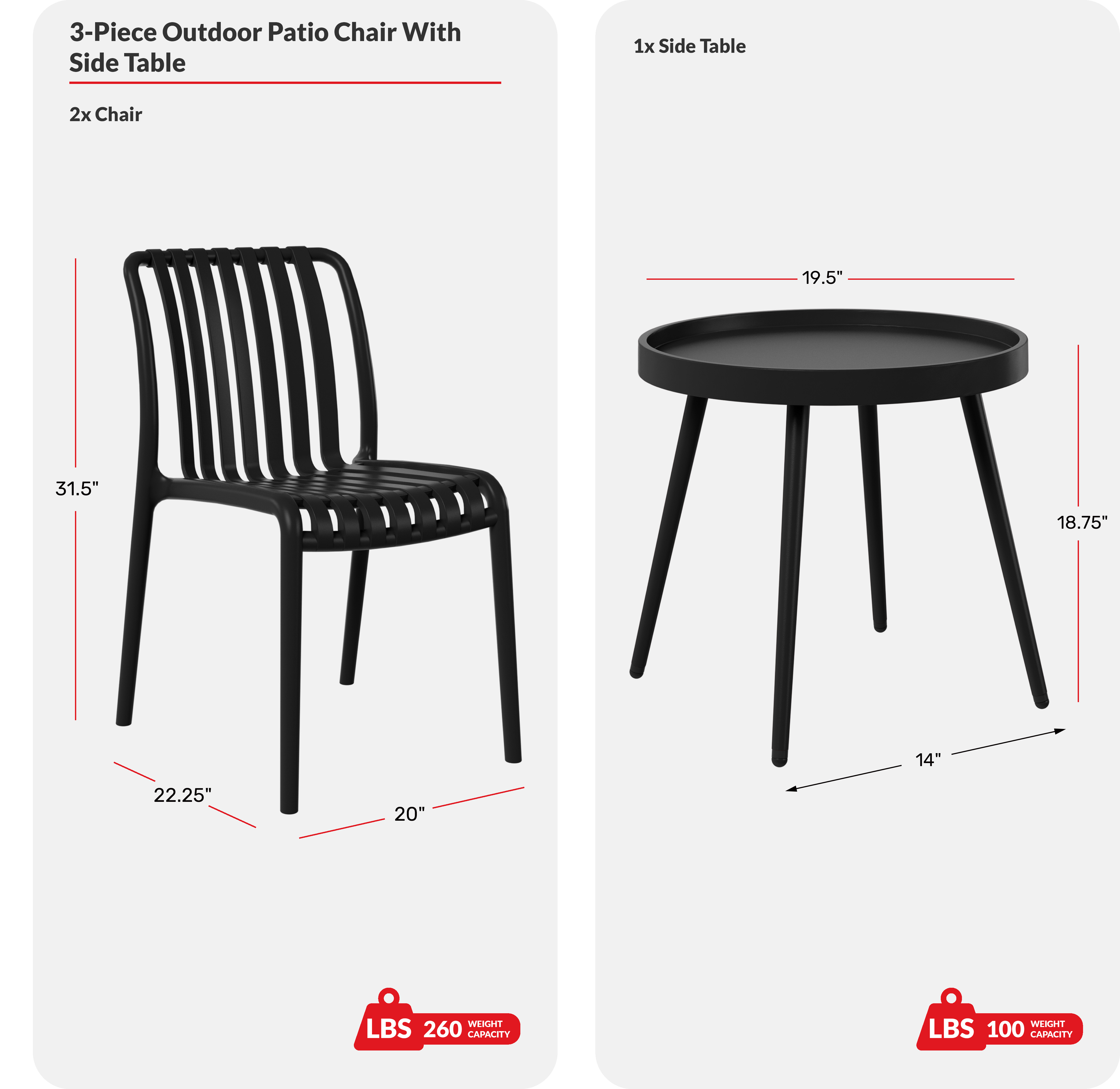 3-Piece Outdoor Patio Bistro Balcony Furniture Set With Stackable Chairs COS Spec Image