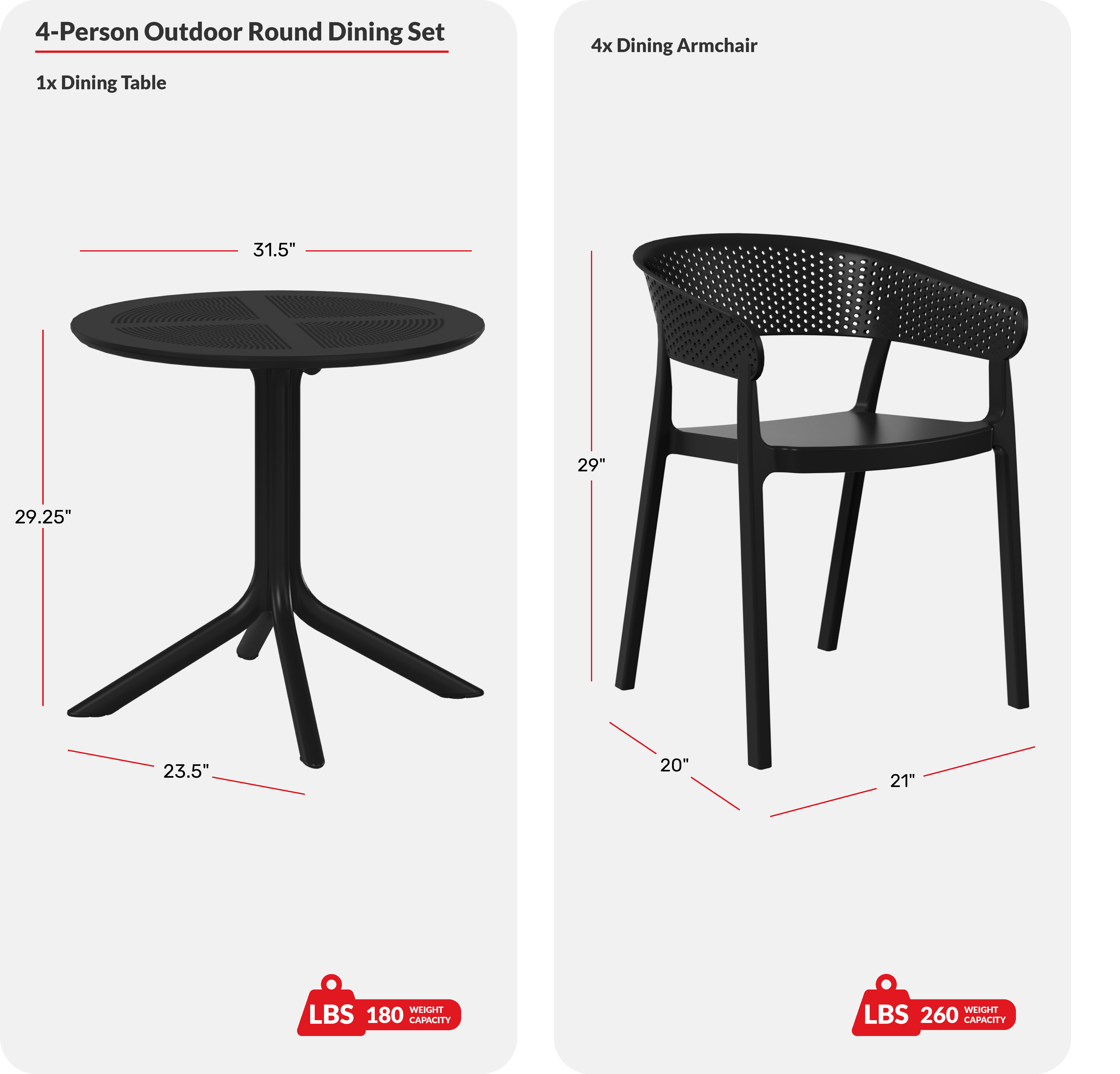 5-Piece Modern Patio Round Dining Table Set with Stackable Patio Dining ChairsCOS Spec Image