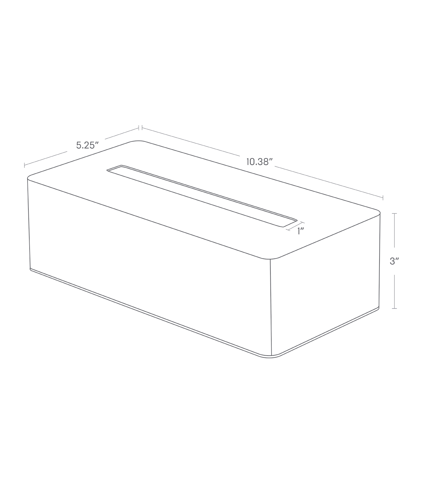 Dimension image for Tissue Case showing length of 10.38", width of 5.25" and height of 3"