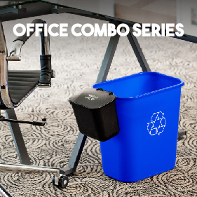 blue plastic deskside recycling container with black plastic hanging waste basket on the side sitting under a desk in a corporate office
