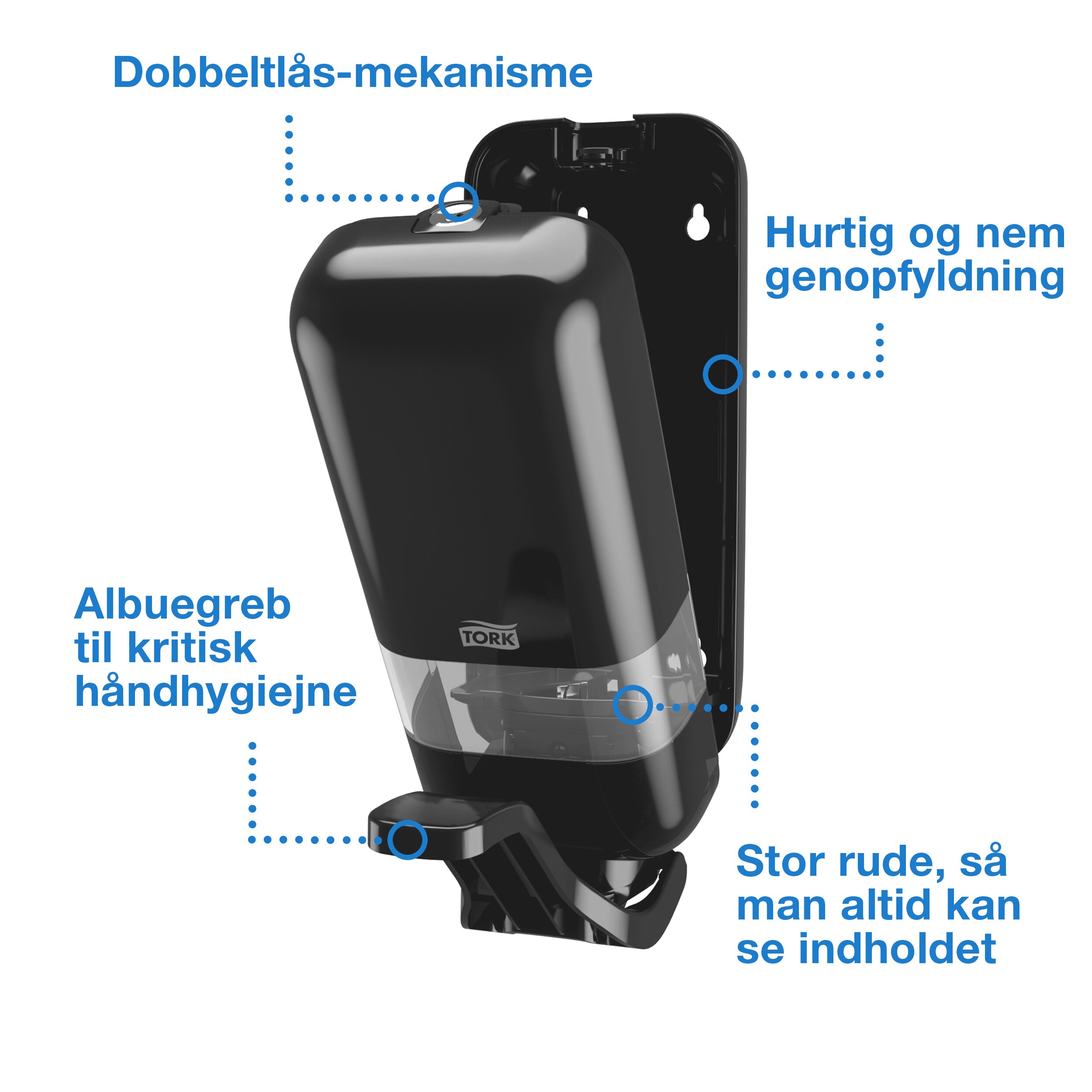 Dispenser, Til sæbe og hånddesinfektion, Albue, Sort, 1000 ml refill, Tork S4