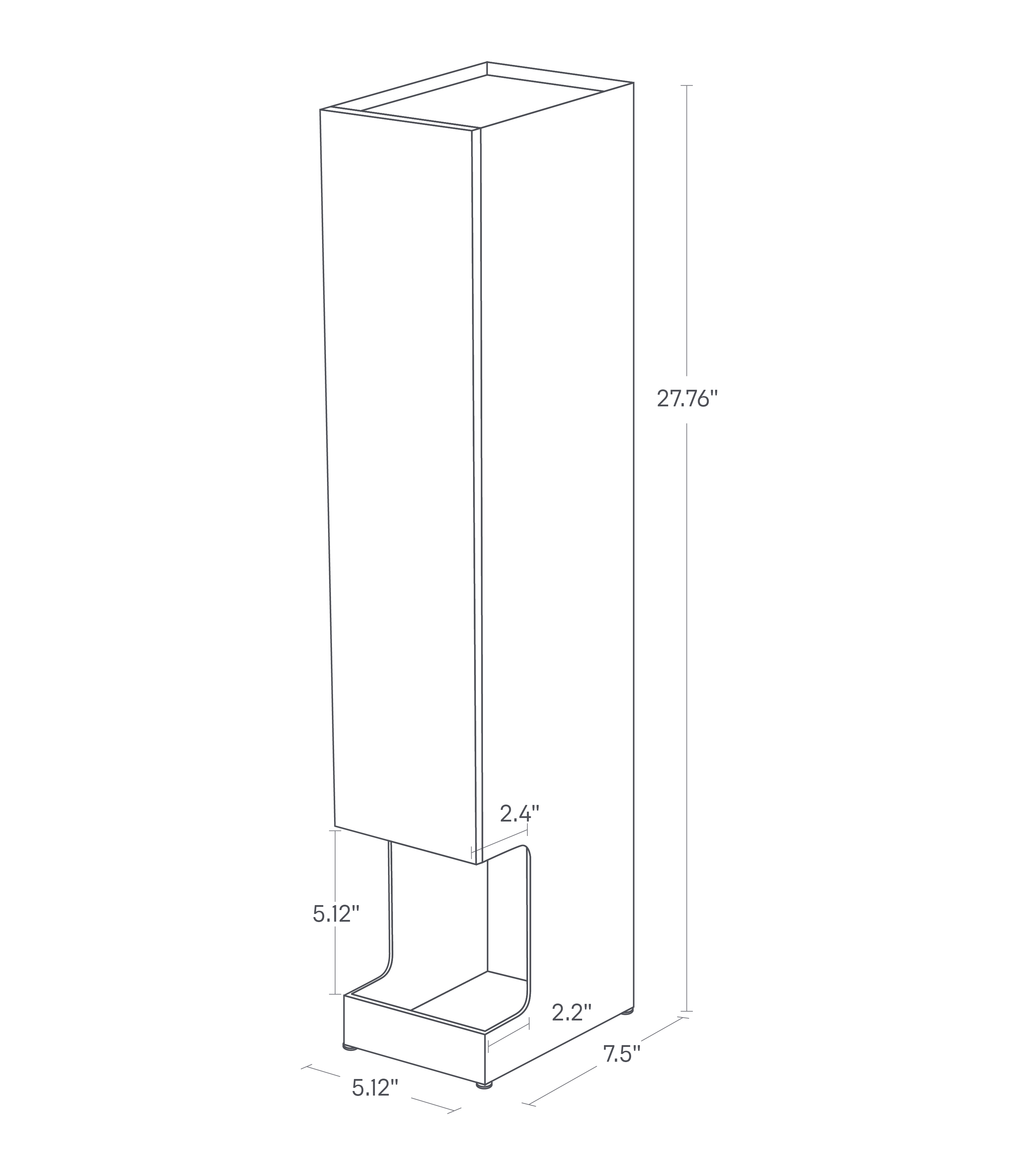 Dimension image for Toilet Paper Stocker showing total height of 27.76", length of 7.5", width of 5.12", 5.12" of the opening height and 2.2" of the inside of the depth of the stoker and 2.4" of the outside of the depth of the stocker