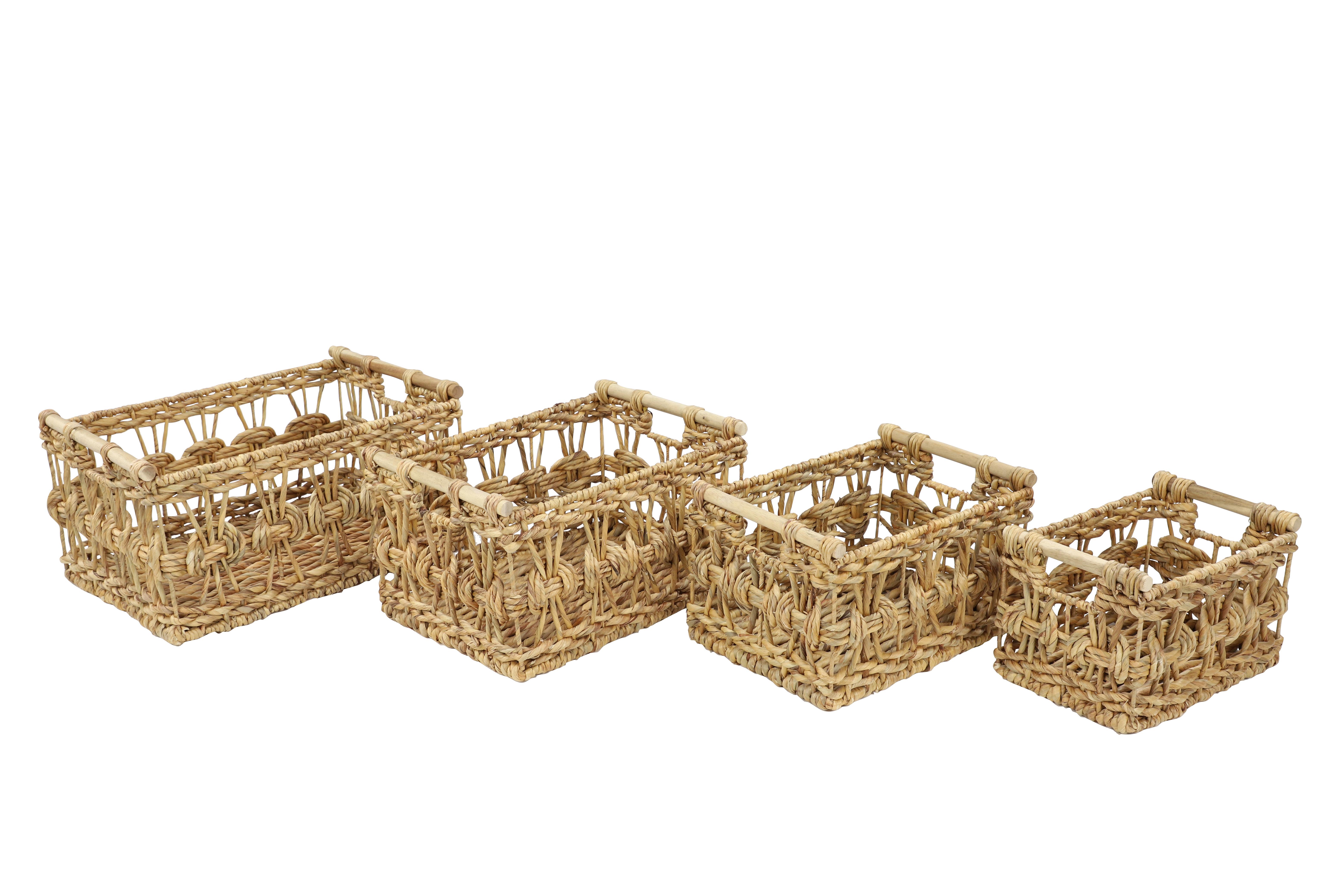 (Box of 4 ps)Large Rectangular Handwoven Water Hyacinth Wicker Baskets with Wooden Cylinder Handles, Set of 4: 20\", 17\", 15\", 13\"