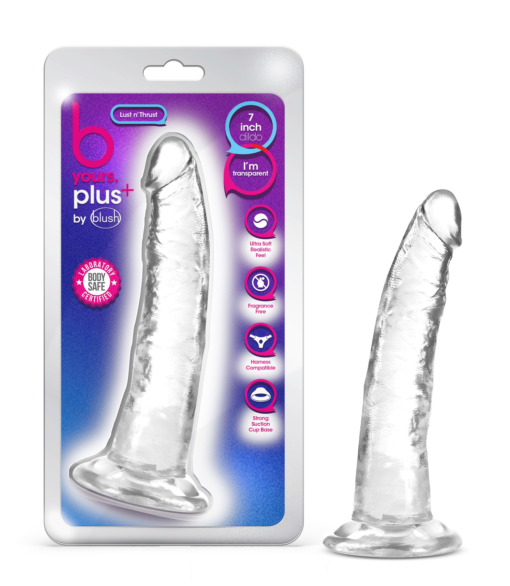 Blush B Yours Plus Lust N? Thrust Realistic G-Spot Clear 7.5-Inch Long Dildo With Suction Cup Base