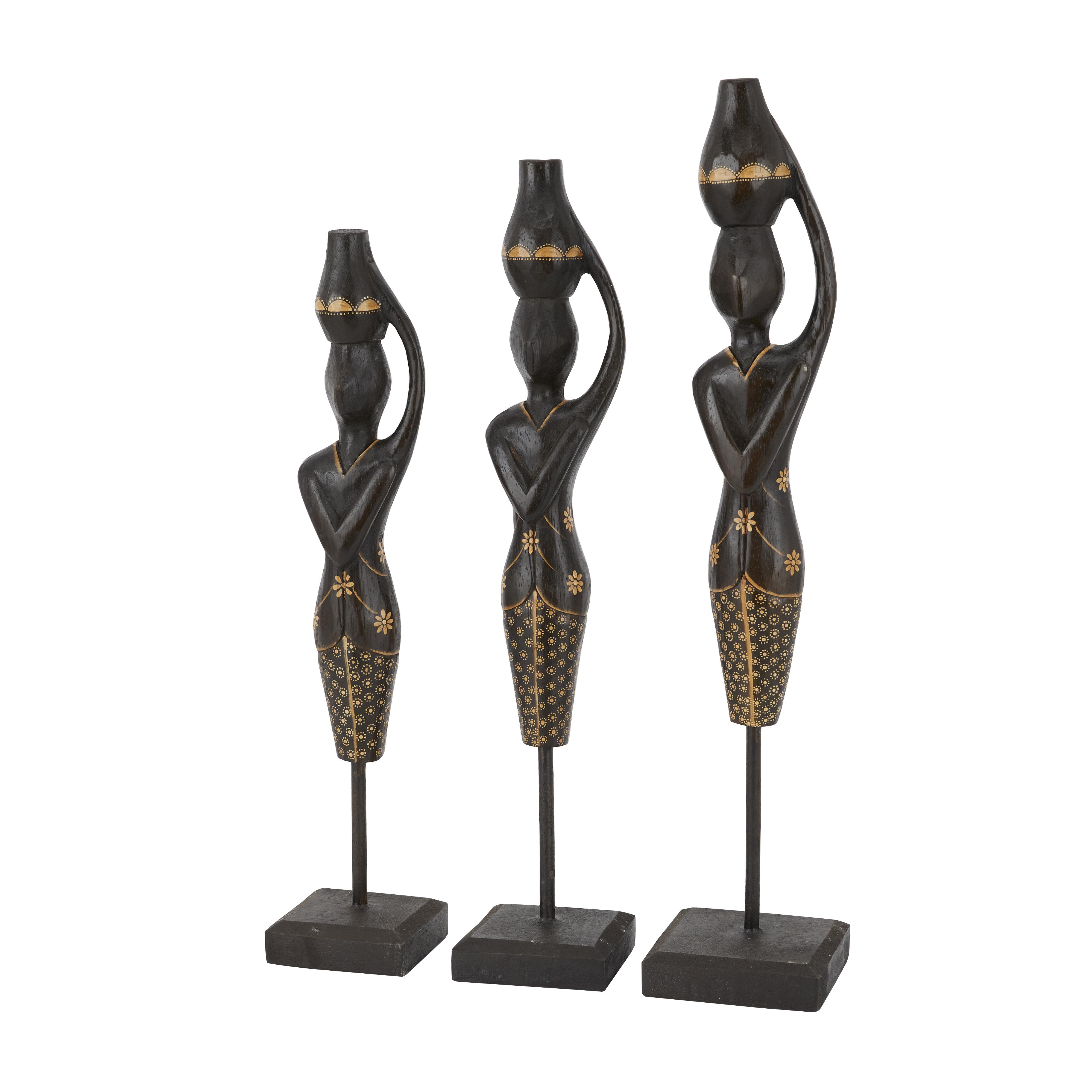 Black Wood Woman Standing African Sculpture with Baskets on Their Heads, Set of 3 23", 21", 20"H