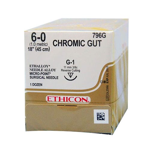 Chromic Gut Sutures, 6-0, G-1, MICROPOINT-Reverse Cutting, 18" - 12/Box